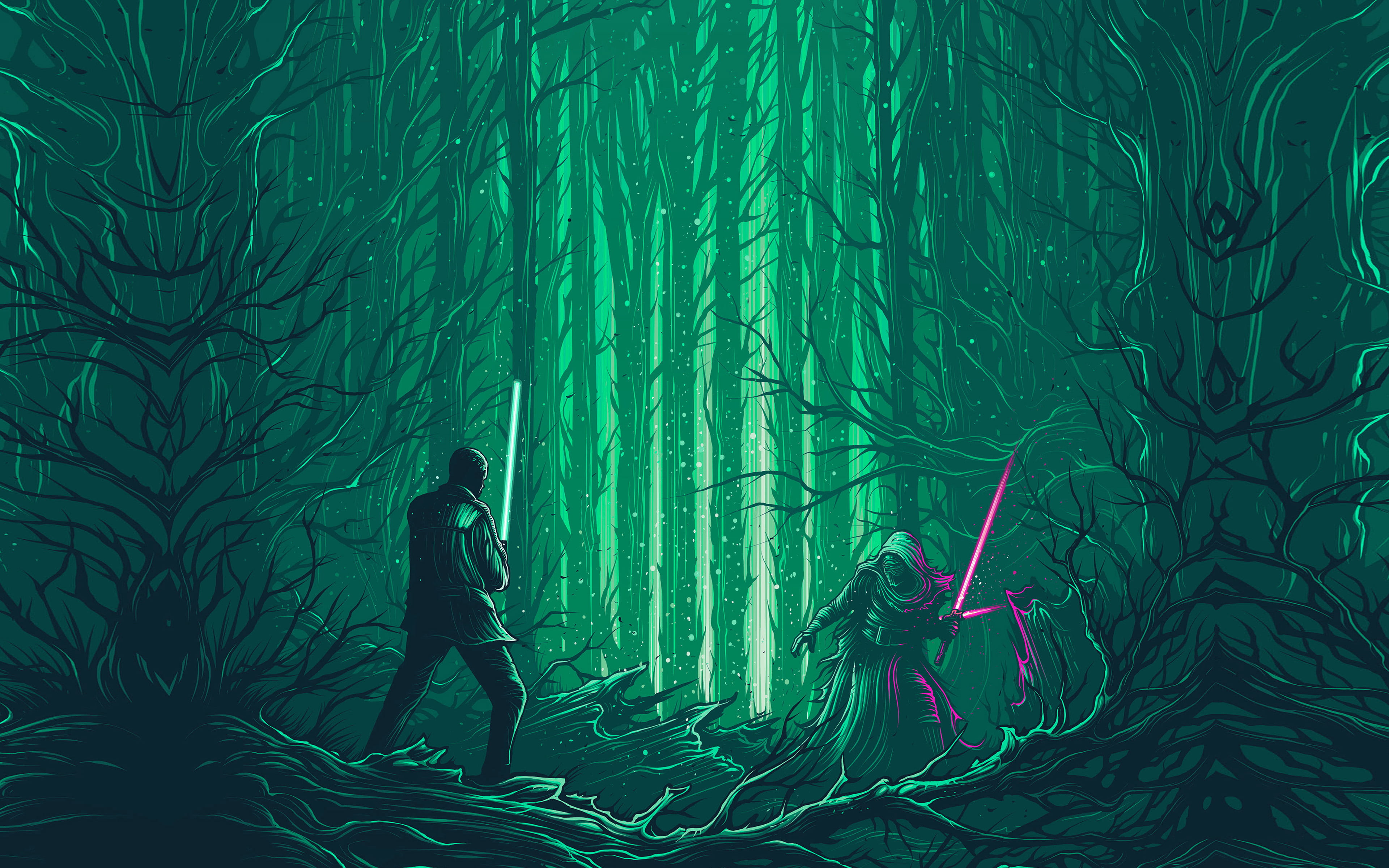 forest, film, art, land, women, growth, illustration, green, real people, starwars, two people, men, full length, leisure activity, turquoise colored, digital composite, HD Wallpaper