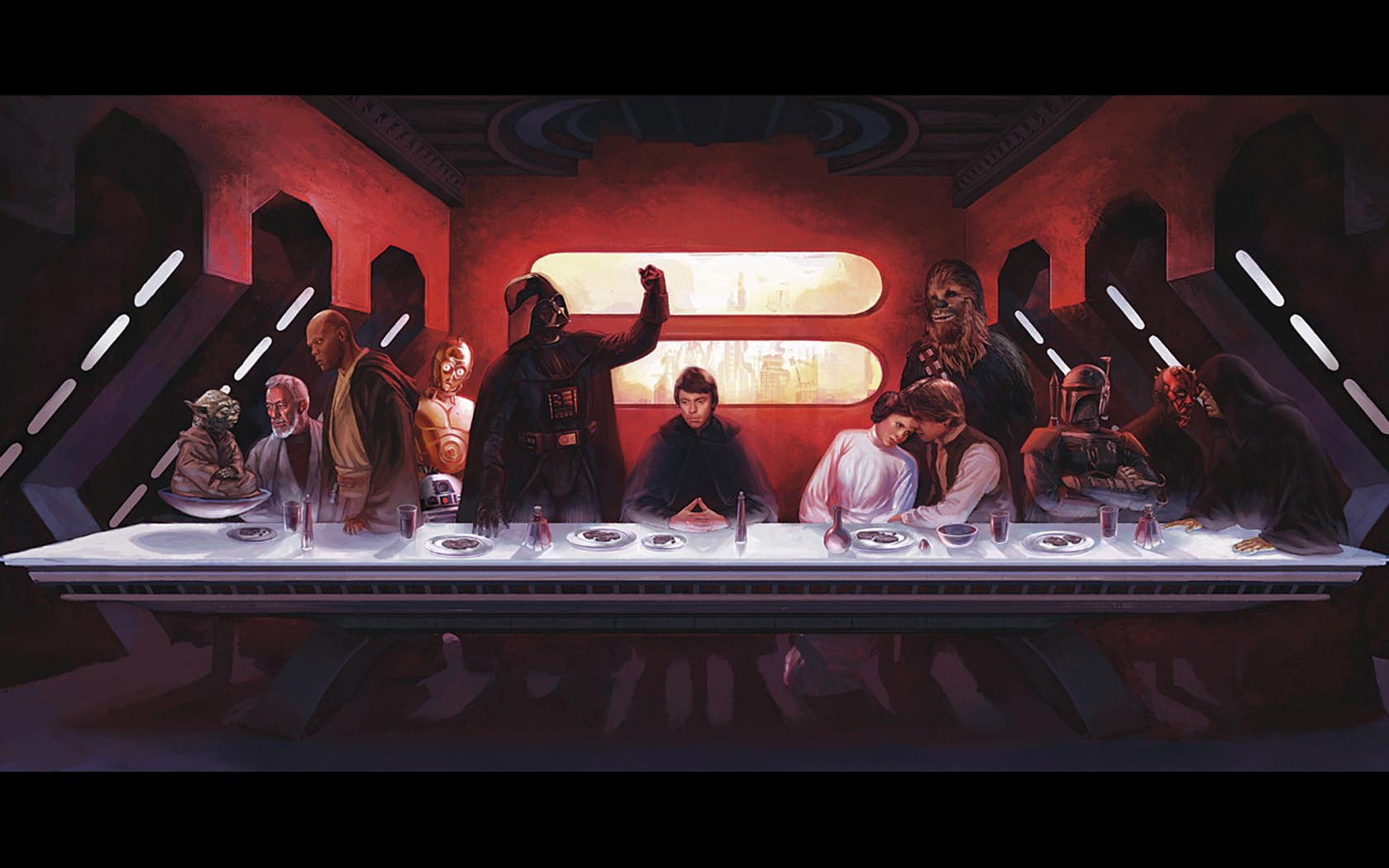 group, illuminated, women, Yoda, group of people, Boba Fett, 720P, adult, Darth Maul, food and drink, table, crowd, auto post production filter, sitting, HD Wallpaper