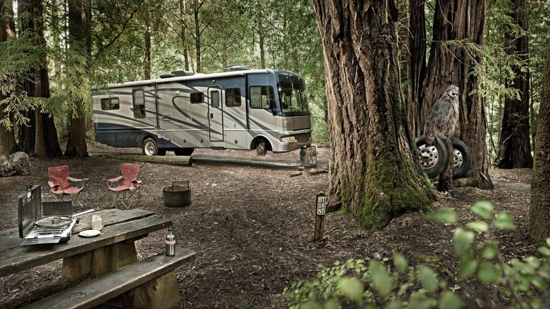 3d and abstract, big foot, stealing, forest, foot, motor home, 1080P, big, camping, tires, HD Wallpaper