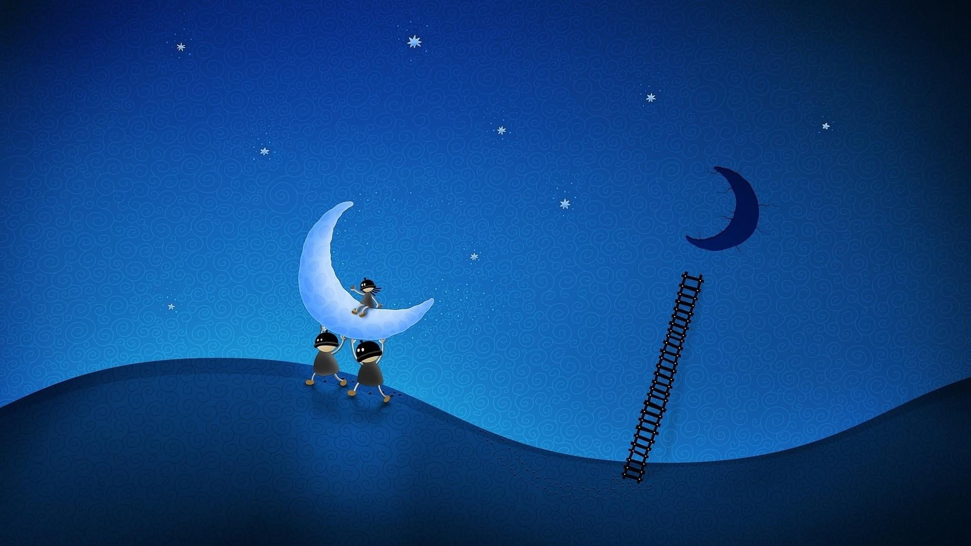 sport, blue, space, dancing, nature, performance, balance, sea, moon, human limb, real people, ladder, flexibility, 1080P, funny, night sky, steal, arms raised, HD Wallpaper
