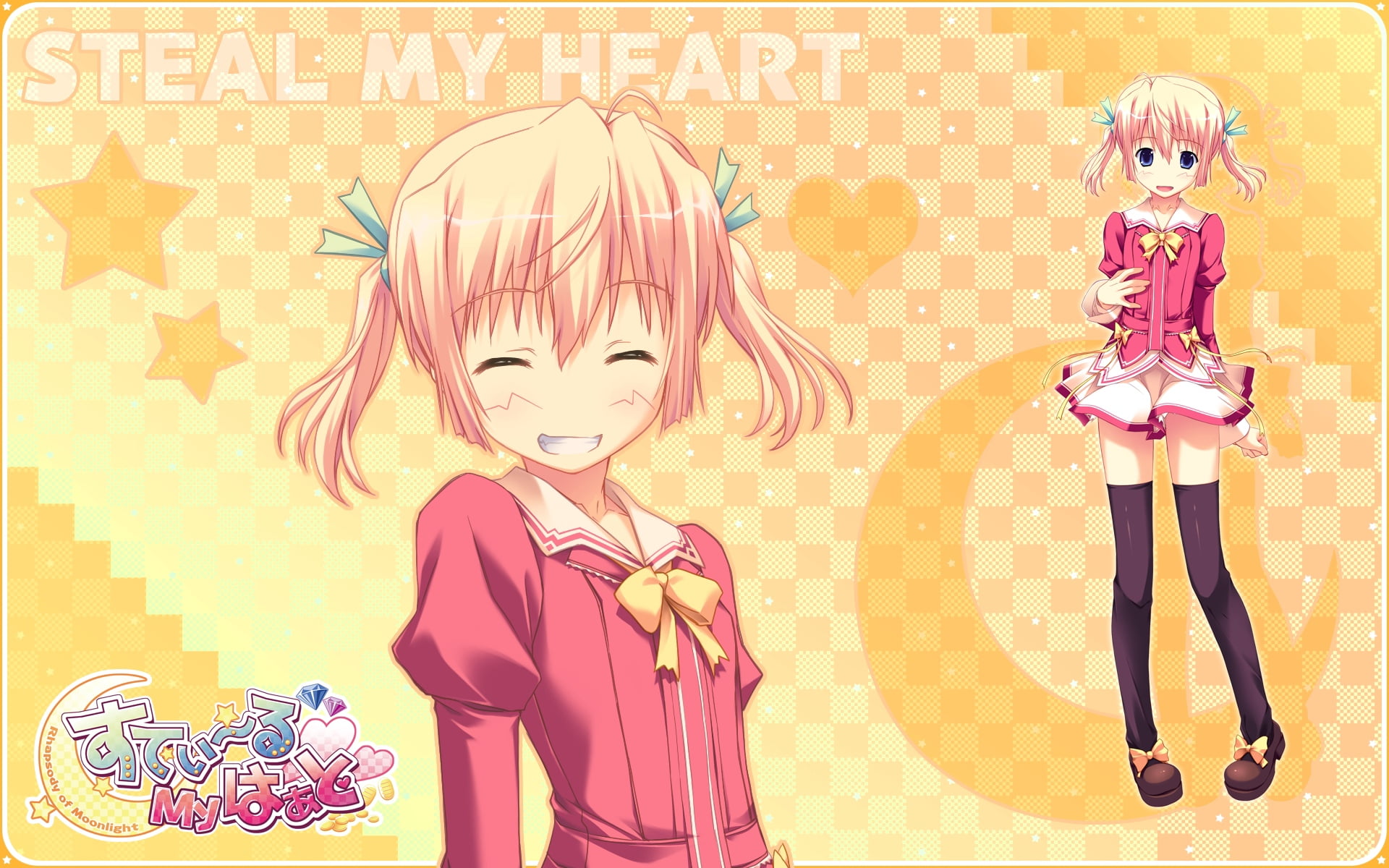 heart, portrait, blond hair, skirt, smiling, women, hairstyle, human representation, 1080P, anime, child, steal my heart, steal, indoors, holding, looking at camera, HD Wallpaper