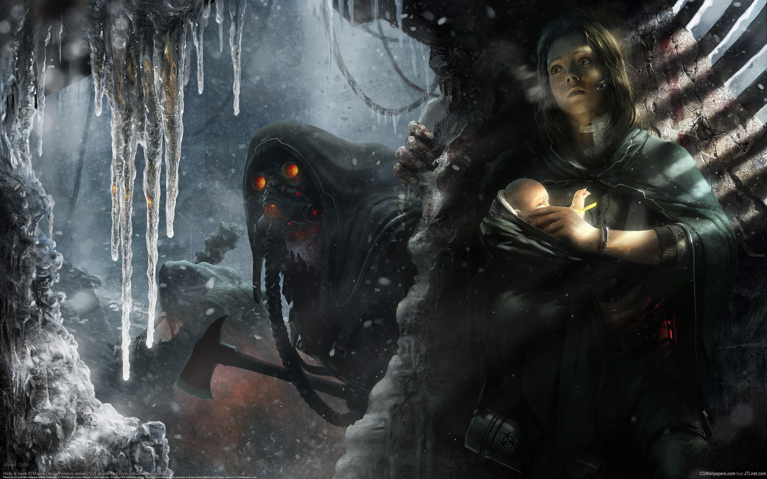 woman, child, hiding, behind, icicles, cave, Monster, 2K, HD Wallpaper