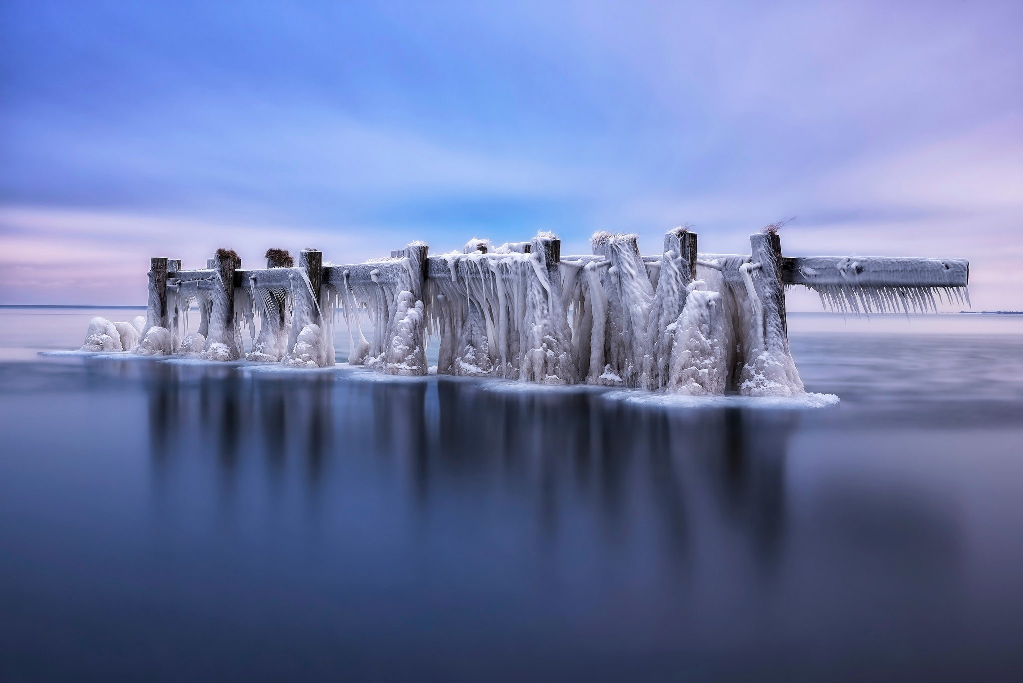reflection, snow, long exposure, clouds, pier, winter, nature, 1080P, landscape, water, ice, HD Wallpaper