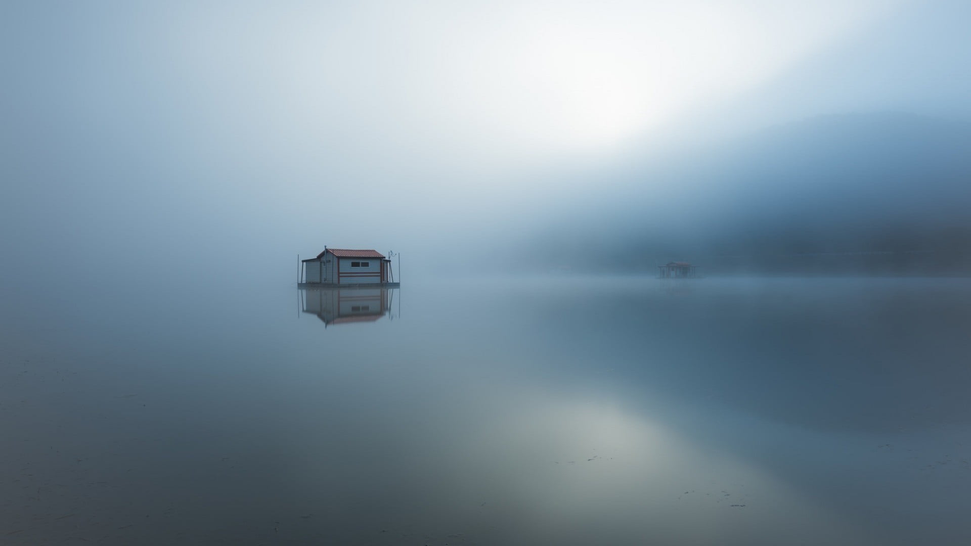 horizon, blurred, mist, landscape, beauty in nature, scenics - nature, house, waterfront, nautical vessel, sky, brown, 1080P, tranquil scene, hills, reflection, HD Wallpaper