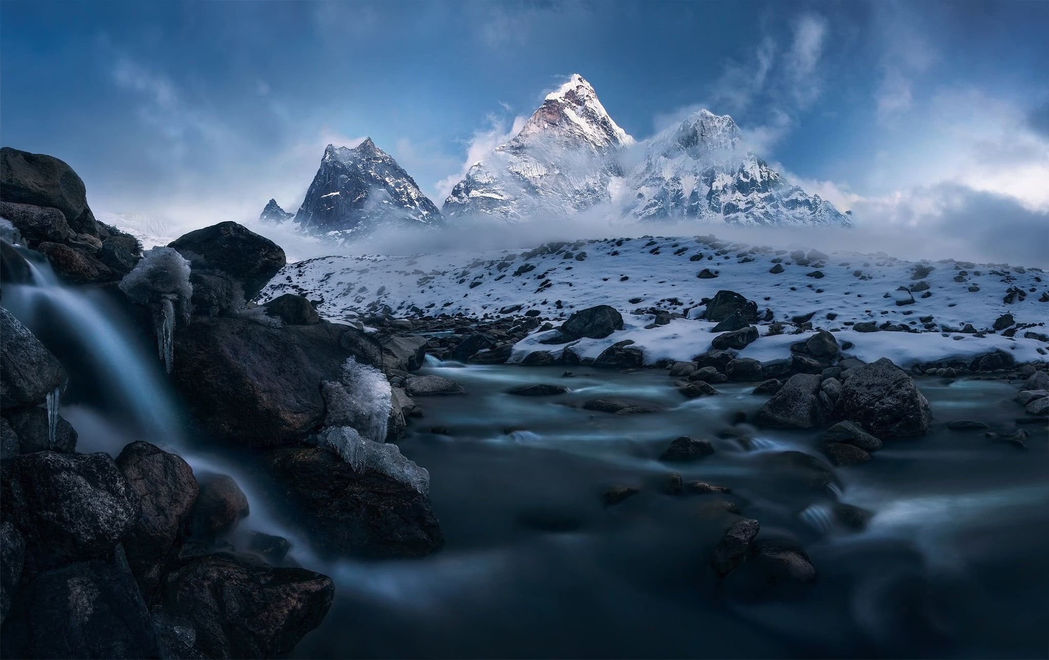 mountain range, outdoors, rock, sky blue, black, sky, textile, environment, motion blur, scenics - nature, mountains, winter, 1080P, mountain, white, beauty in nature, HD Wallpaper