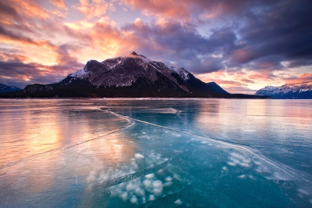 no people, 480P, body, cloud - sky, sunset, water, frost, tranquil scene, ice, mountain, yellow, Canada, tranquility, beauty in nature, reflection, remote, HD Wallpaper