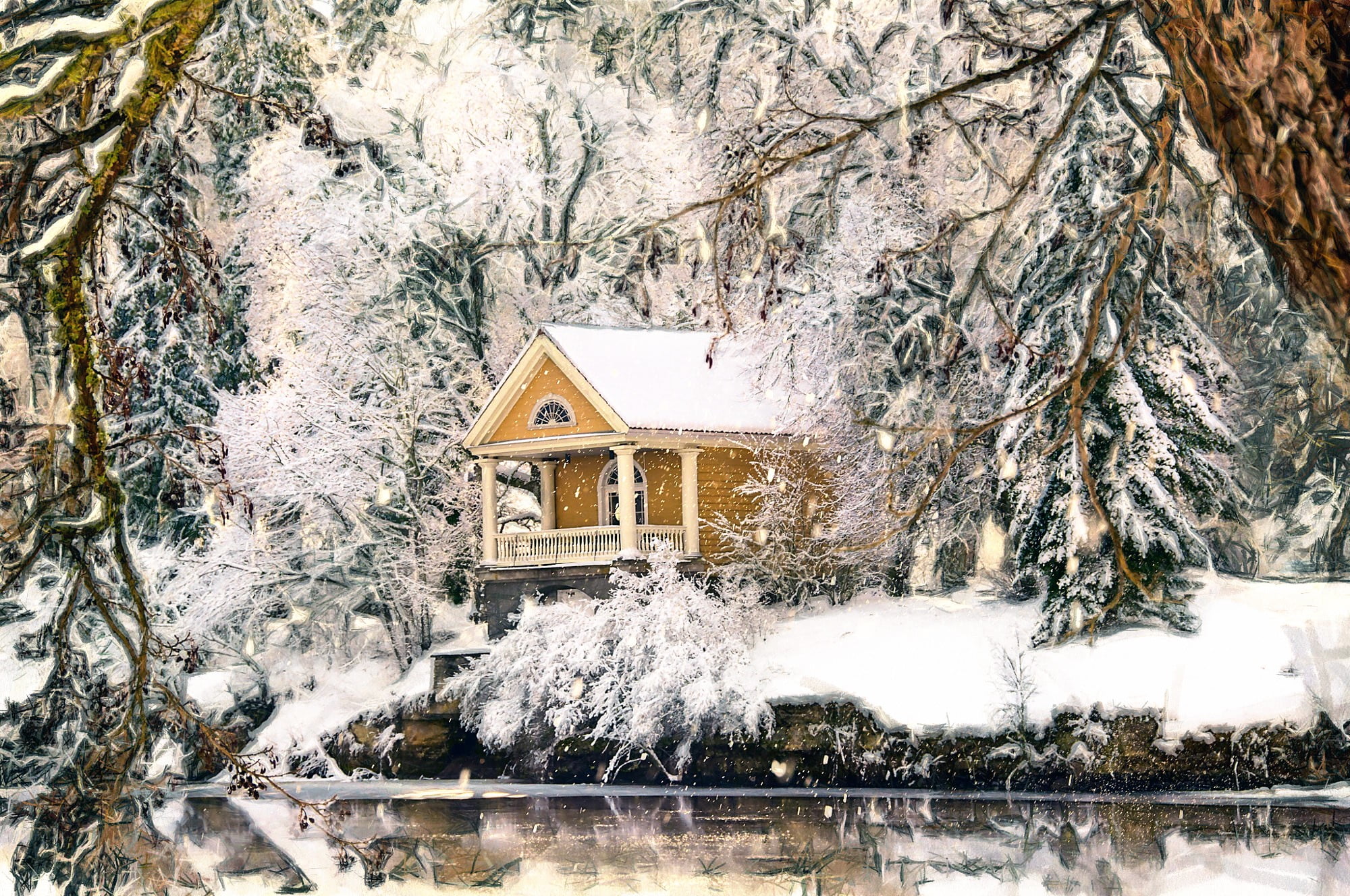 covering, winter, nature, built structure, snowing, architecture, building, outdoors, trunk, no people, frozen, cold temperature, forest, tree, snow, 1080P, HD Wallpaper