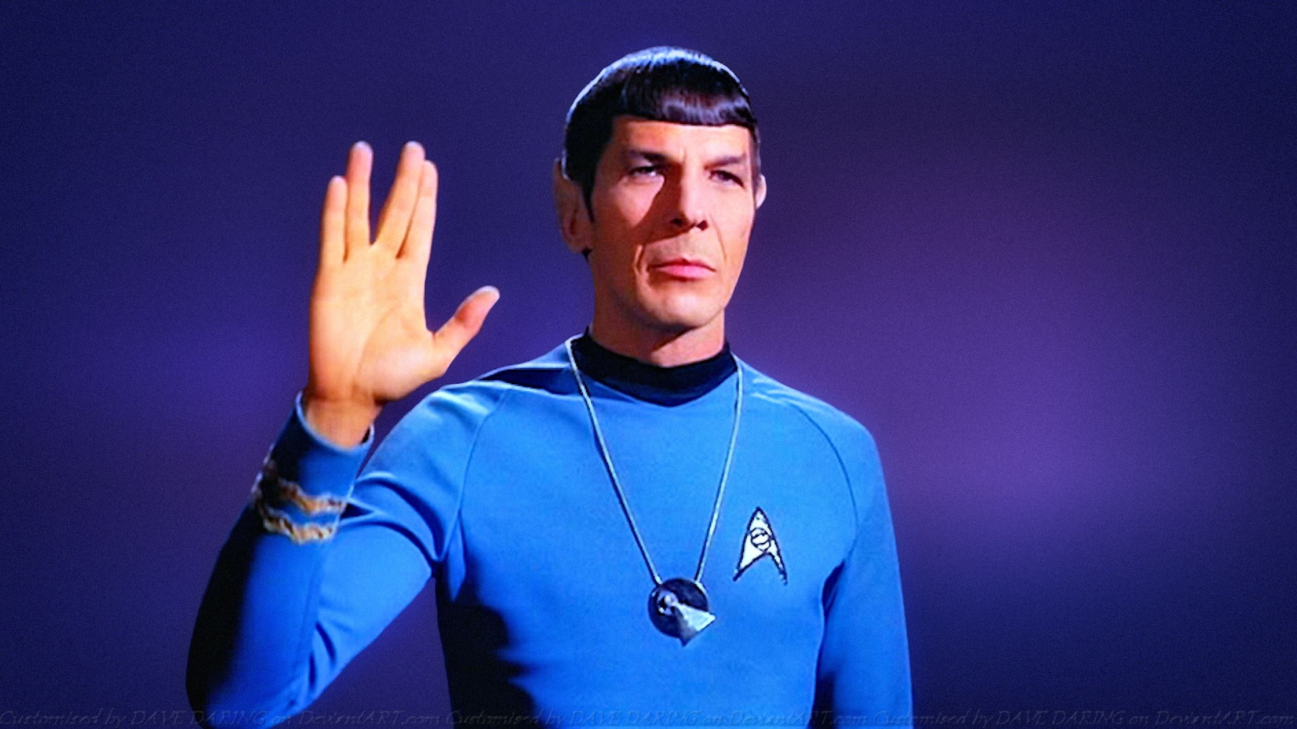 front view, 2K, mid adult men, purple, real people, gesturing, colored background, one person, blue background, looking at camera, adult, blue, star trek the original series, HD Wallpaper
