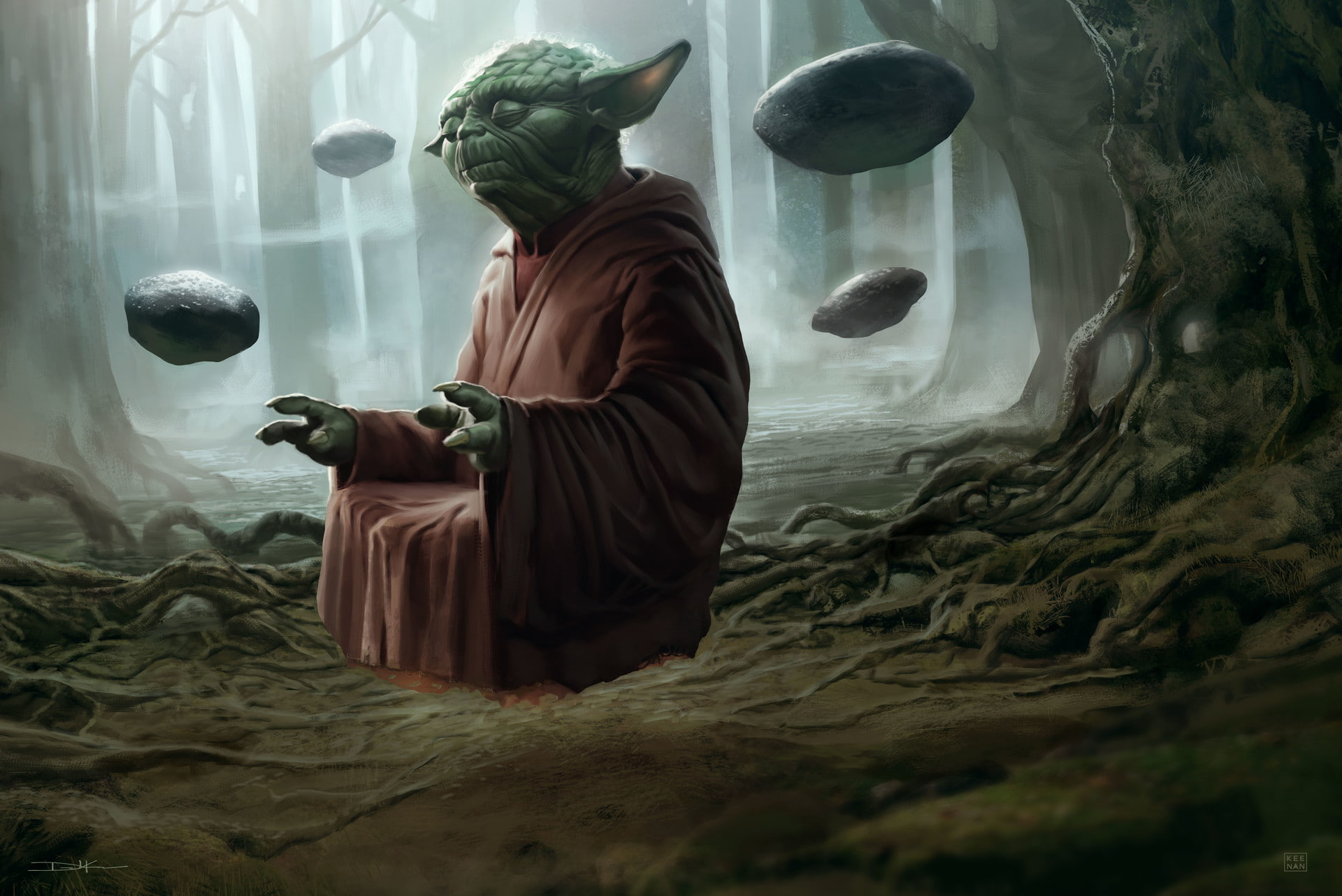 Yoda, rocks, clothing, side view, nature, animals in captivity, real people, underwater, 1080P, trees, Star Wars, indoors, one person, fish, animals in the wild, HD Wallpaper