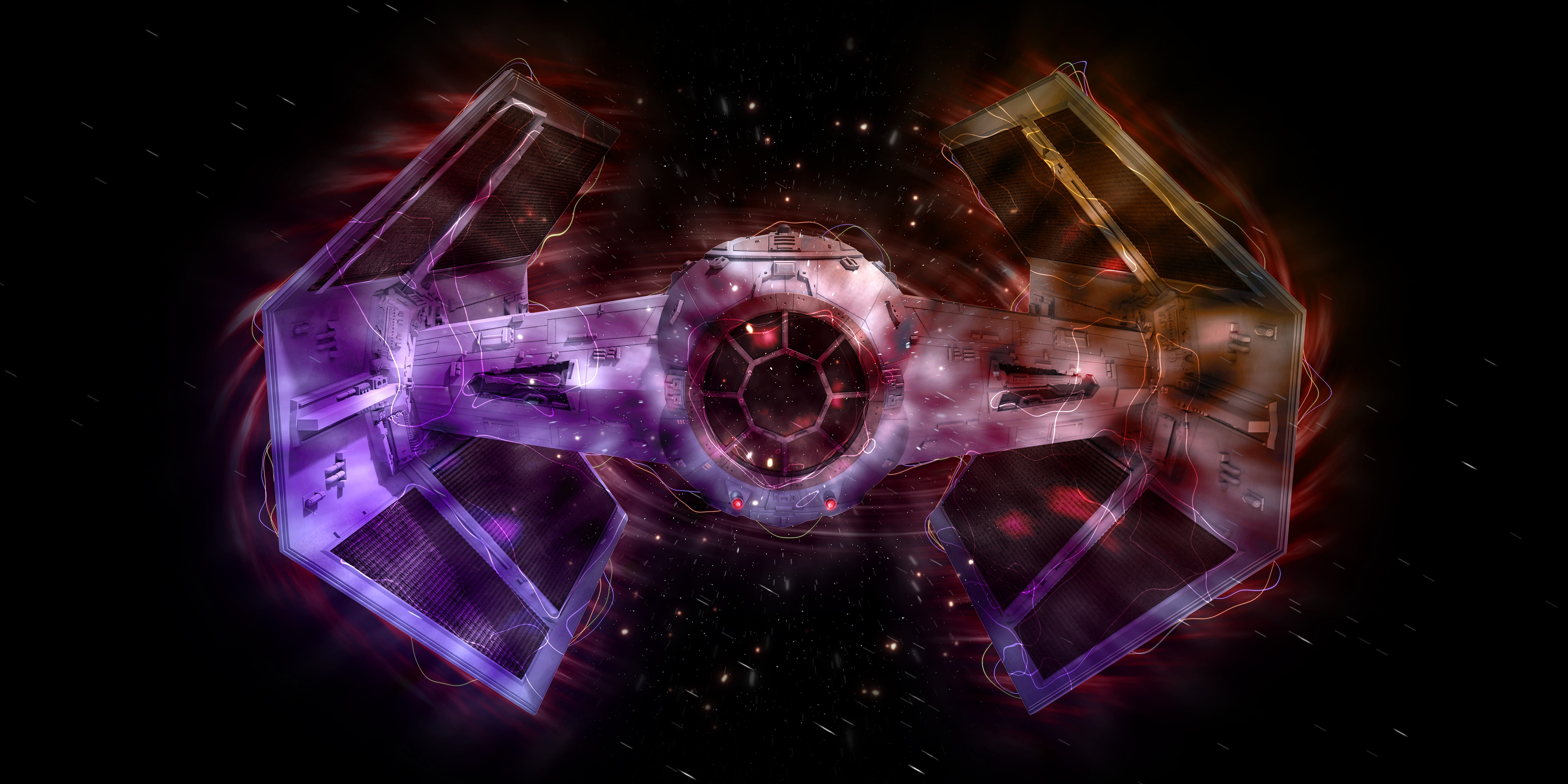 illuminated, single object, photography themes, geometric shape, 5K, multiple exposure, tie fighter, star wars, shape, space, spaceship, indoors, mystery, HD Wallpaper