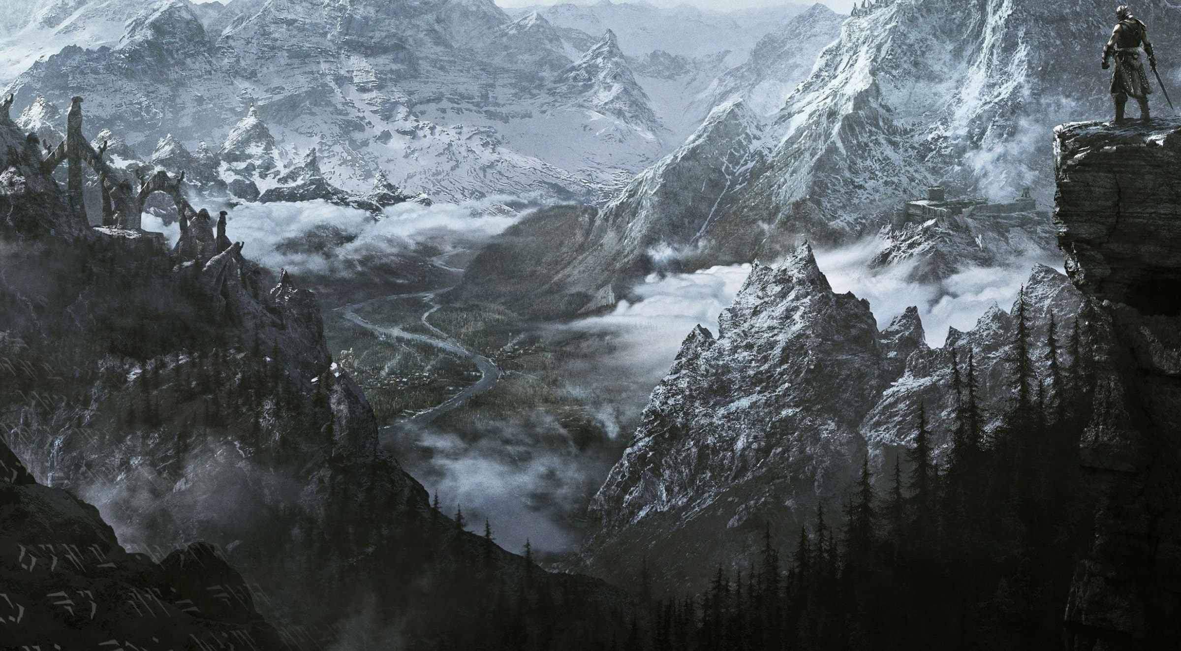 environment, fog, rock - object, rock formation, cold temperature, mountain range, non-urban scene, no people, mountain, skyrim, concept art, scrolls, tranquility, HD Wallpaper