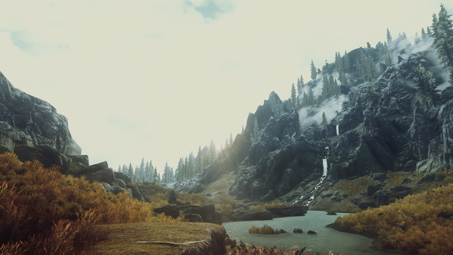 skyrim, river, hd, video games, mountains, elder, landscape, black, 1080P, scrolls, near, HD Wallpaper