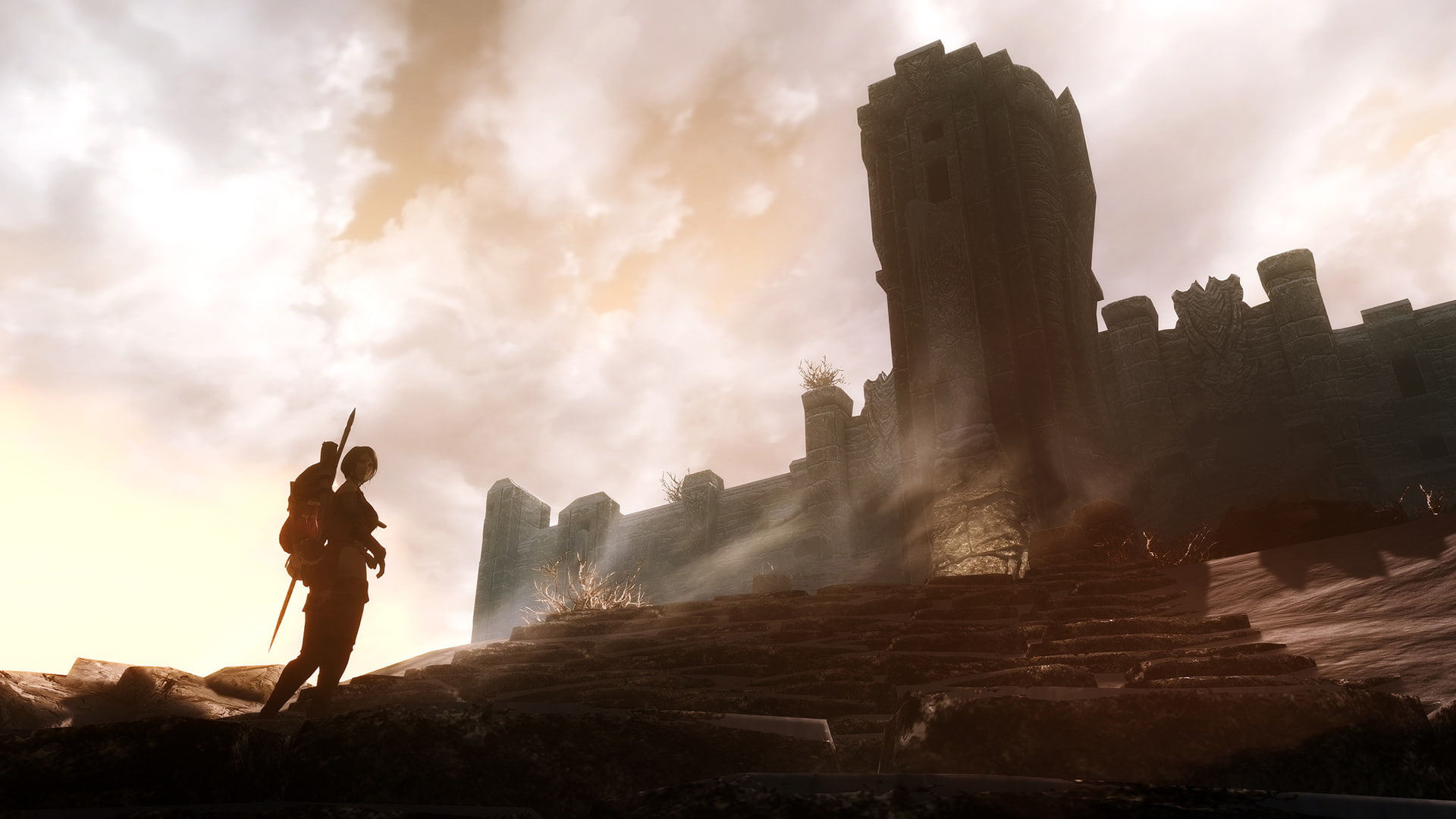 1080P, video games, silhouette, hd, skyrim, elder, castle, man, near, scrolls, HD Wallpaper