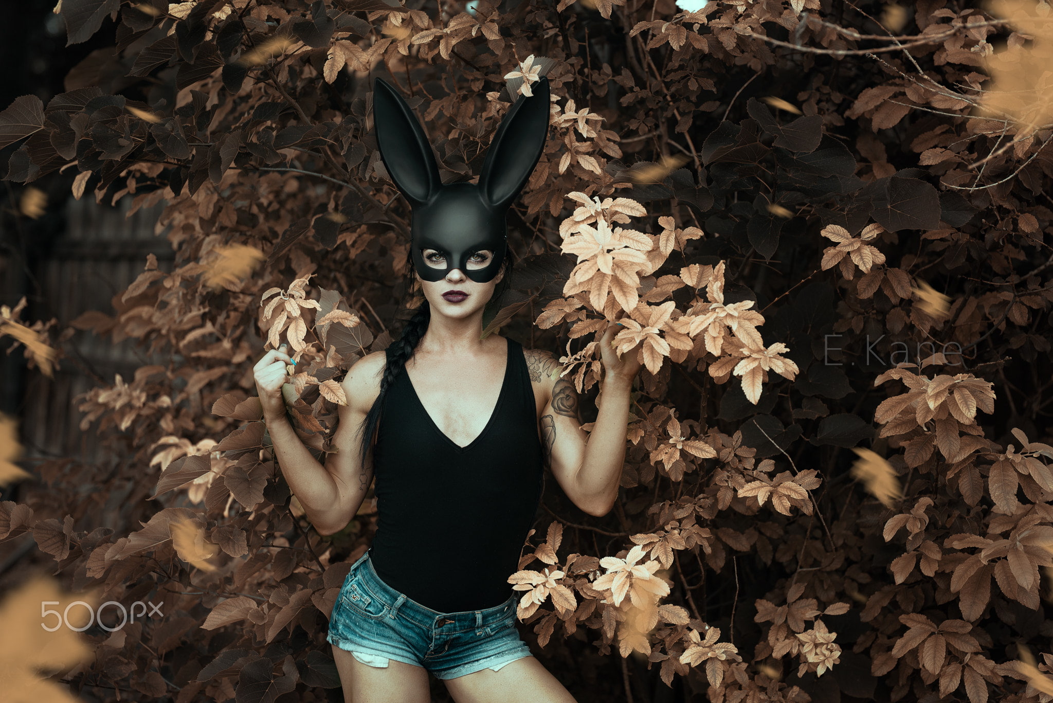 leaves, women, mask, 1080P, Evan Kane, jean shorts, HD Wallpaper