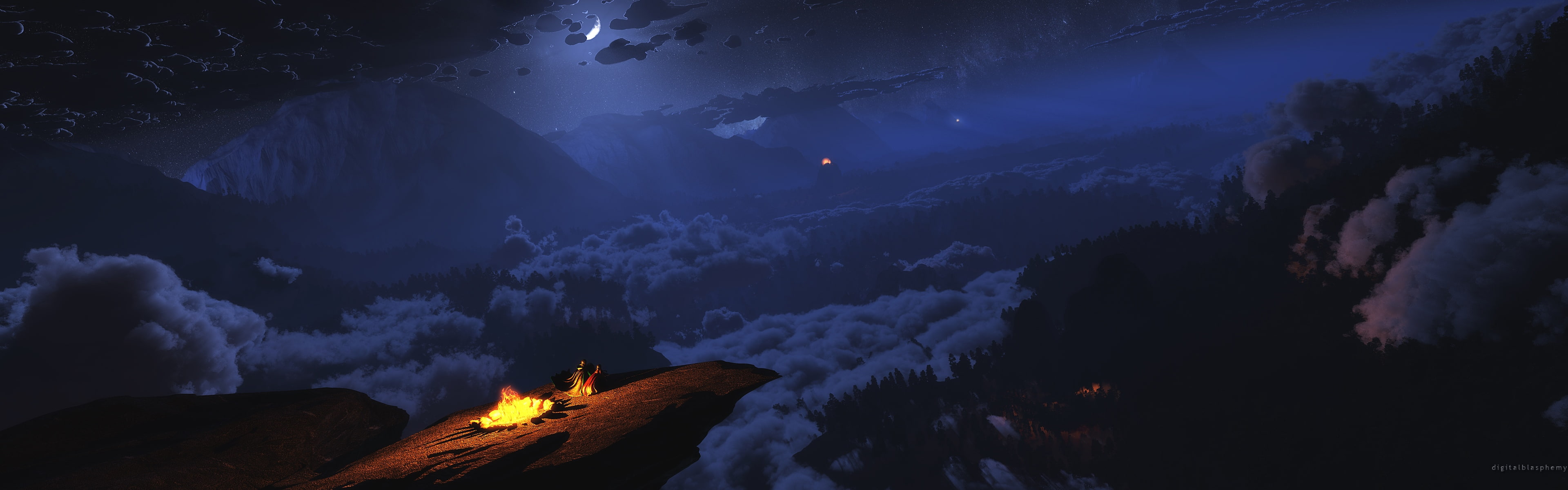 environment, 3840x1200 px, night, scenics - nature, landscape, mountain range, outdoors, forest, sky, solid, rock - object, land, cloud - sky, no people, HD Wallpaper