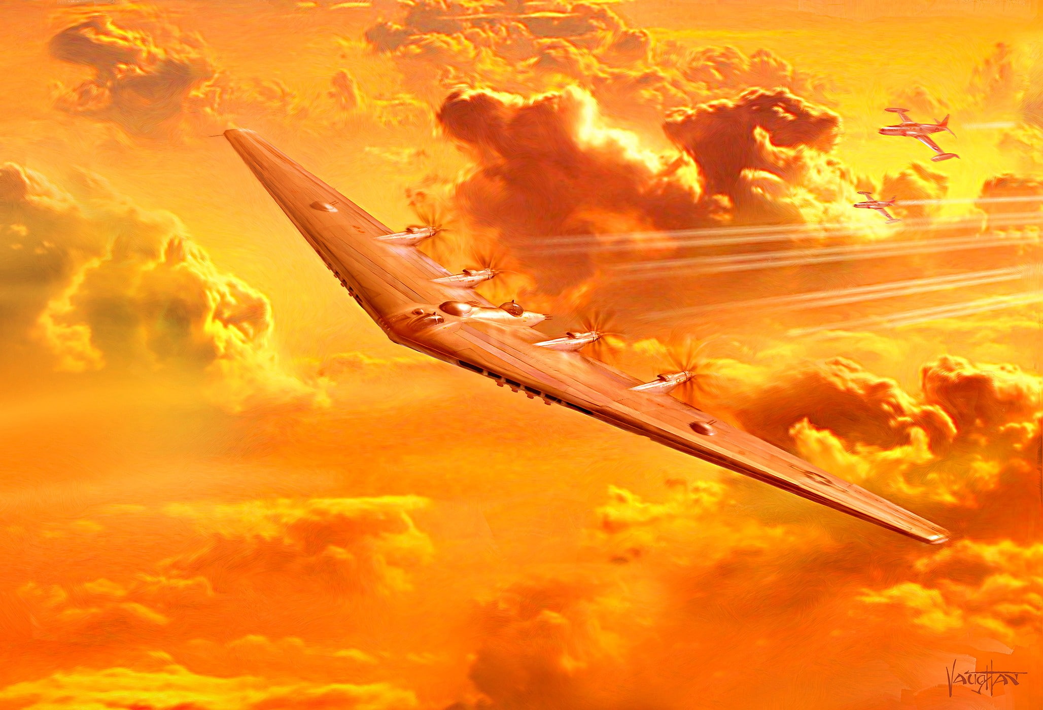 transportation, digital art, cloud - sky, nature, outdoors, aircraft, architecture, fire - natural phenomenon, flame, military, sky, Bomber, yellow, air vehicle, HD Wallpaper