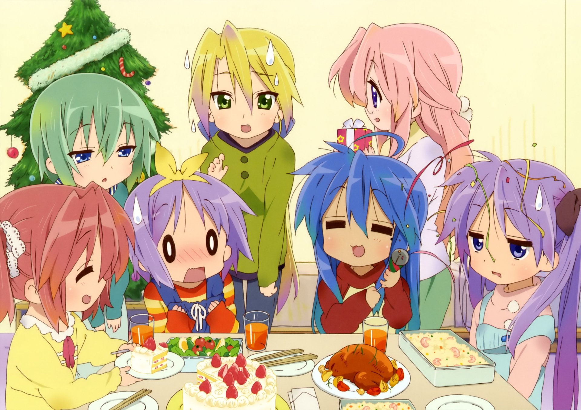Anime, 1080P, indoors, representation, variation, Konata Izumi, childhood, Miyuki Takara, celebration, choice, food and drink, jack o lantern, Nanako Kuroi, HD Wallpaper
