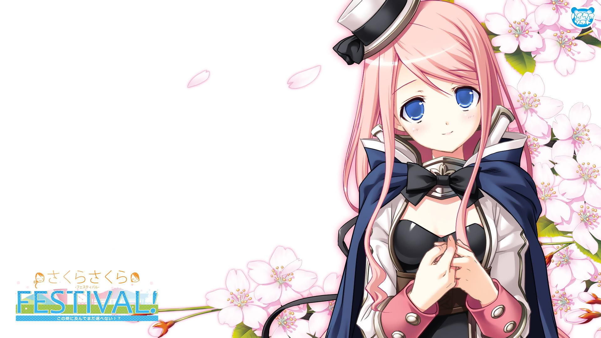 flowers, kasukabe, hat, blush, akira, 1080P, blue, hair, artifacts, sakura, cape, jpeg, long, eyes, pink, nanako, bow, HD Wallpaper