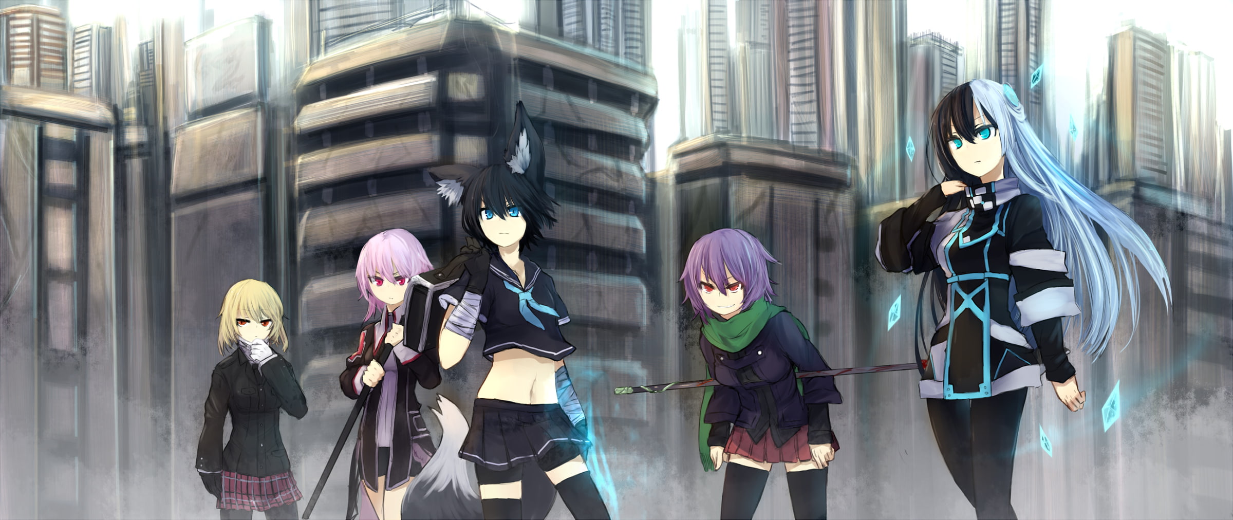 shiroganeusagi, nanako, 1080P, staff, weapon, pink, city, animal, tail, original, gloves, red, hair, thighhighs, scarf, aqua, ears, seifuku, eyes, HD Wallpaper