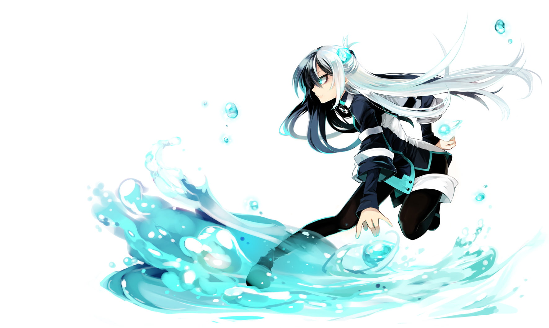hair, long, original, kaida, michi, 720P, eyes, norah, bright, aqua, black, water, white, HD Wallpaper