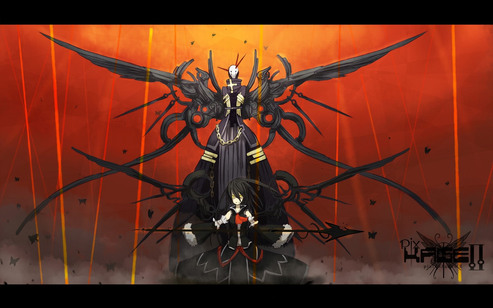 anime, chains, artist, hd, usagi, art, weapons, Dress, x, shirogane, wall, spears, pixiv, wings, masks, girls, 1080P, HD Wallpaper