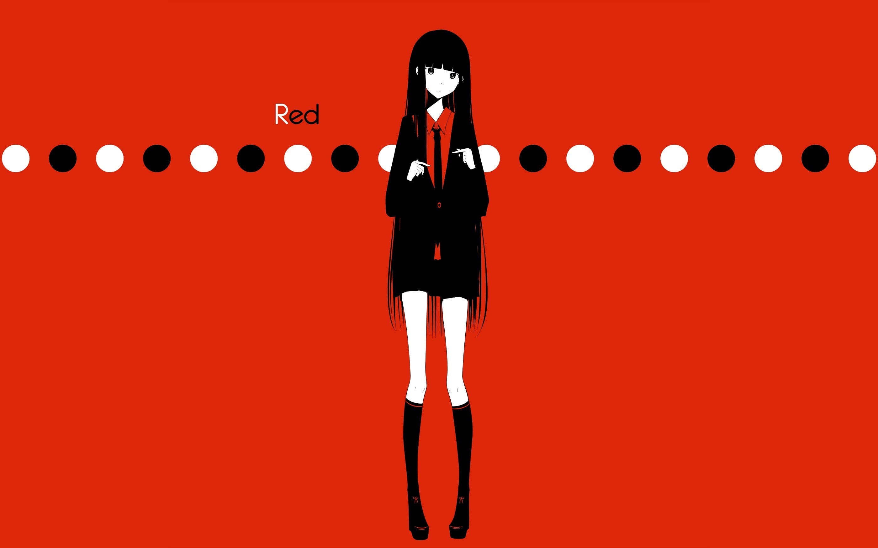 original, girls, text, background, red, black, characters, hair, tie, simple, coloring, long, circles, anime, knee, shirts, haru, shoes, skirts, selective, HD Wallpaper