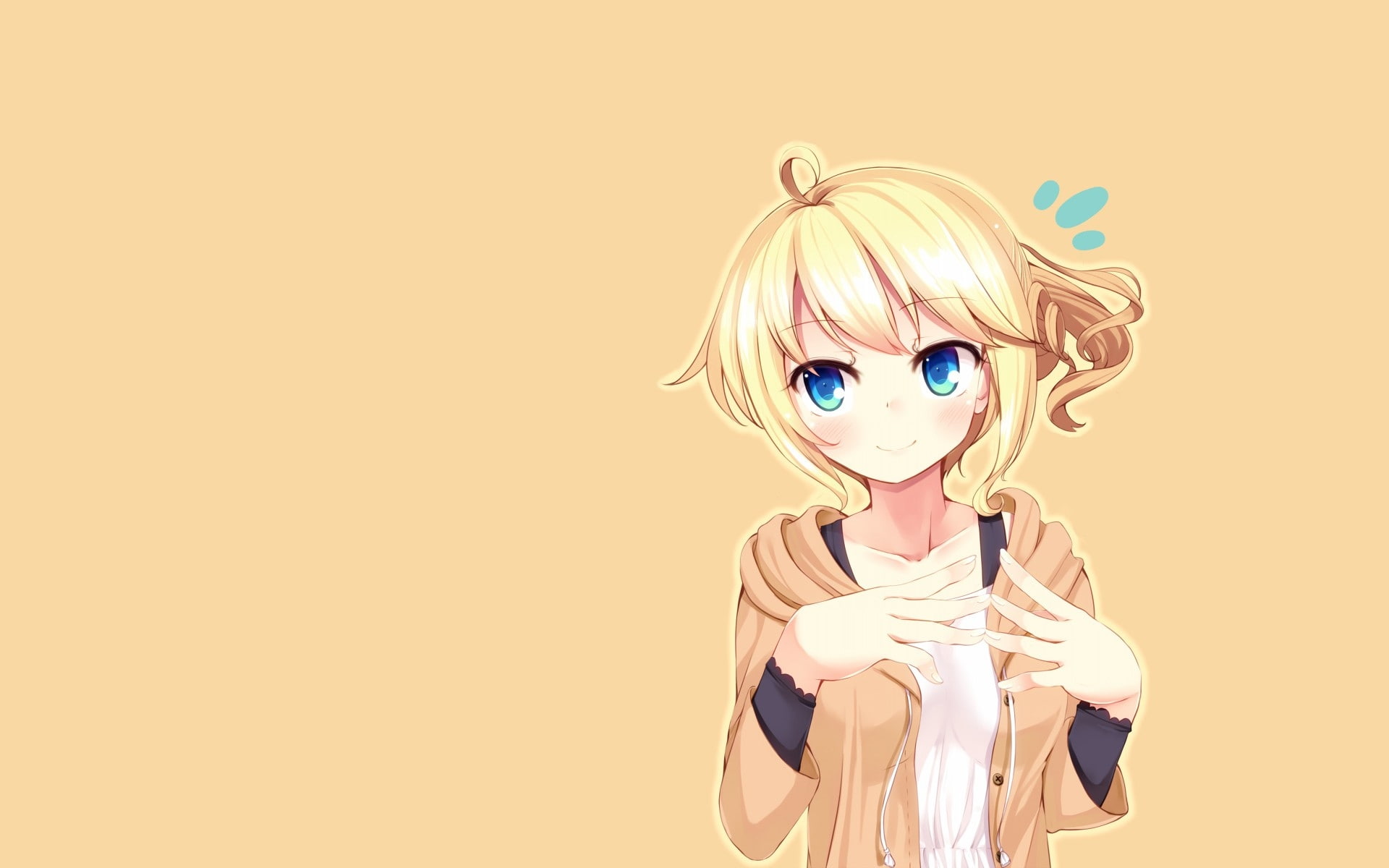 character, long, ahoge, original, Anime Girls, girls, art, simple, long hair, 1080P, blue, hd, yellow, blondes, background, eyes, Blue Eyes, anime, simple background, HD Wallpaper