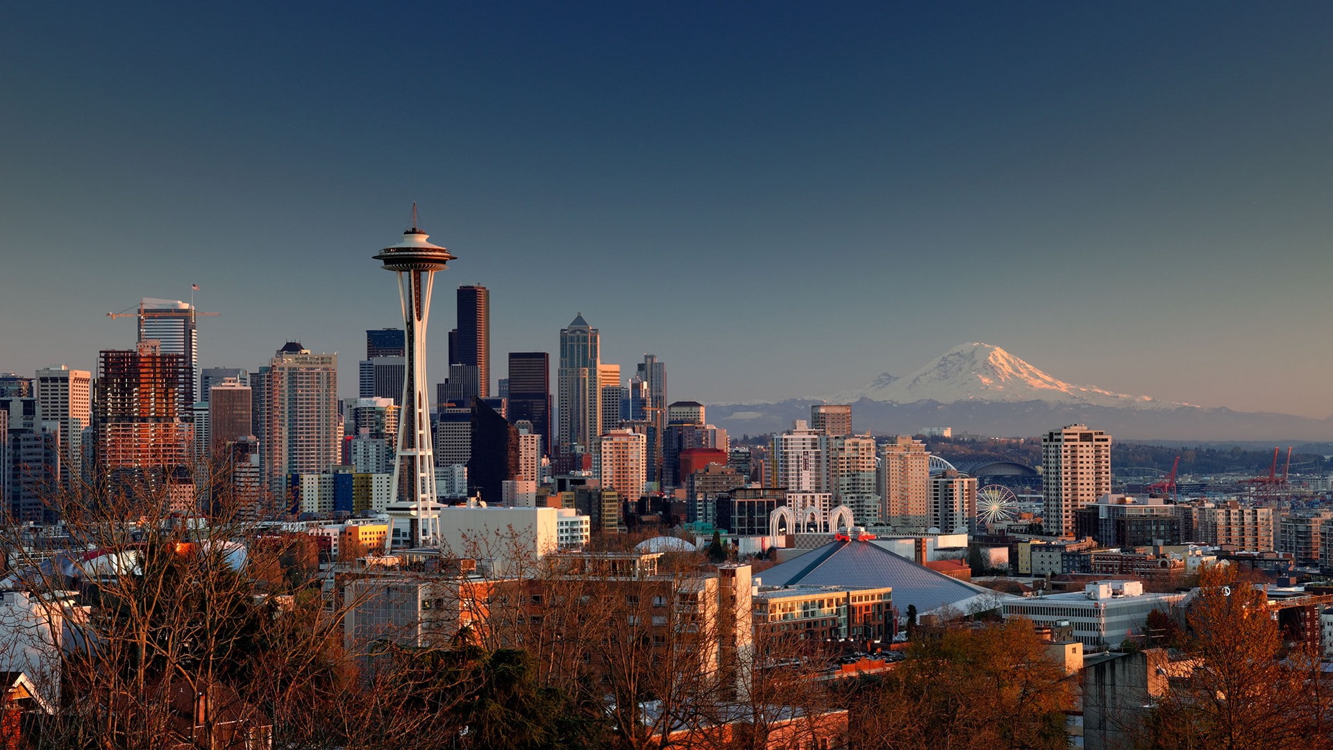 travel destinations, tower, skyscraper, modern, 1080P, urban skyline, building, Seattle, city, building exterior, sky, architecture, built structure, landscape, HD Wallpaper