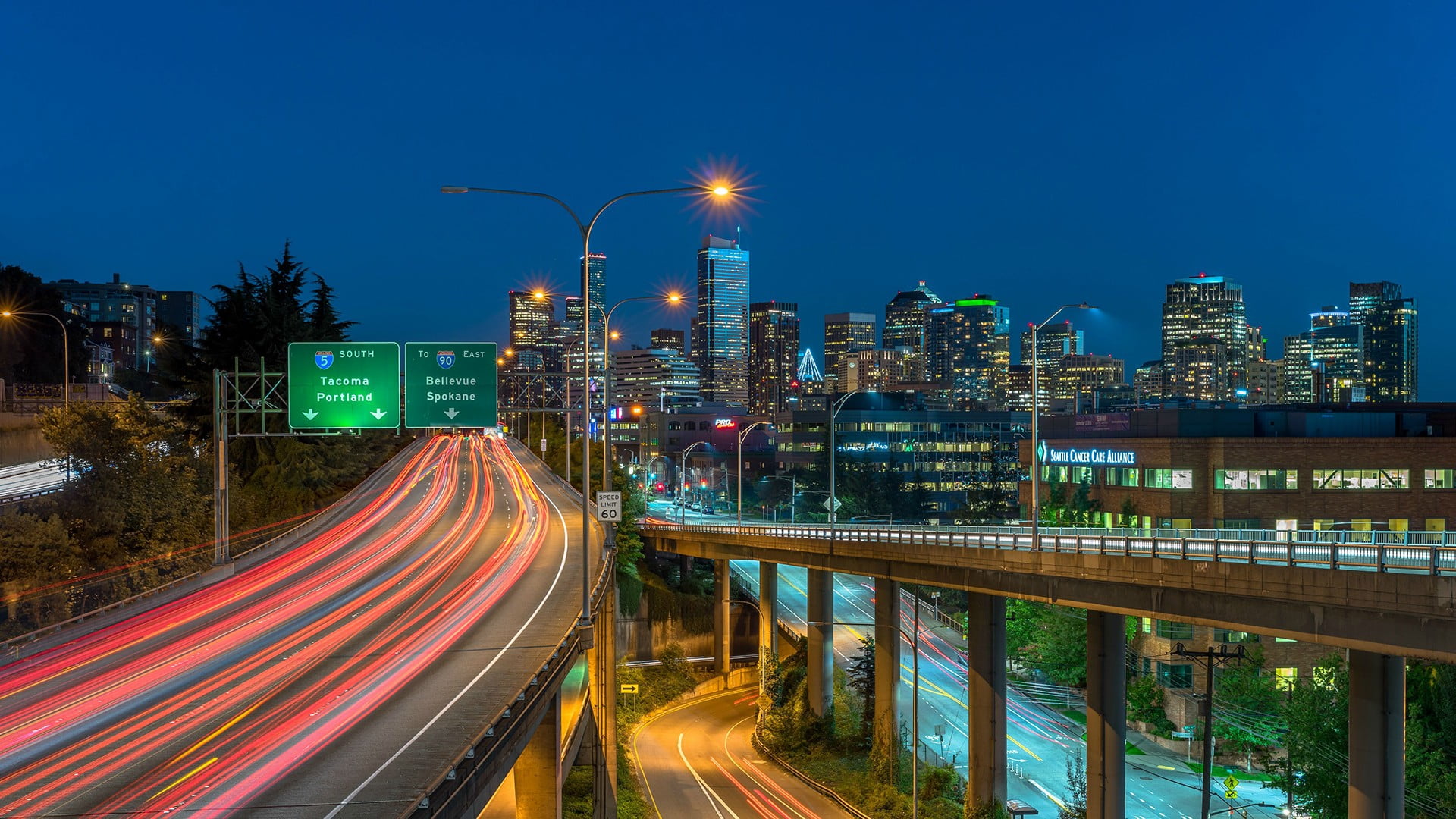 street light, transportation, multiple lane highway, long exposure, connection, bridge, outdoors, road, built structure, office building exterior, street, HD Wallpaper