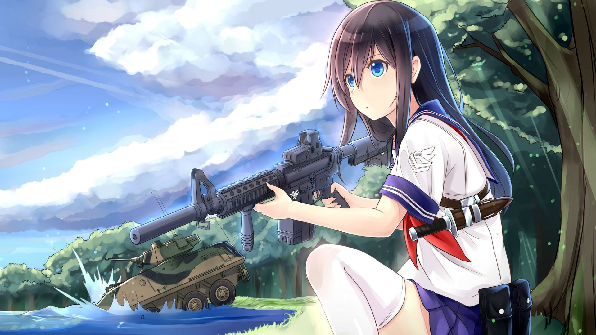 knife, clouds, brunette, weapon, 1080P, blue eyes, anime, anime girls, dark hair, HD Wallpaper