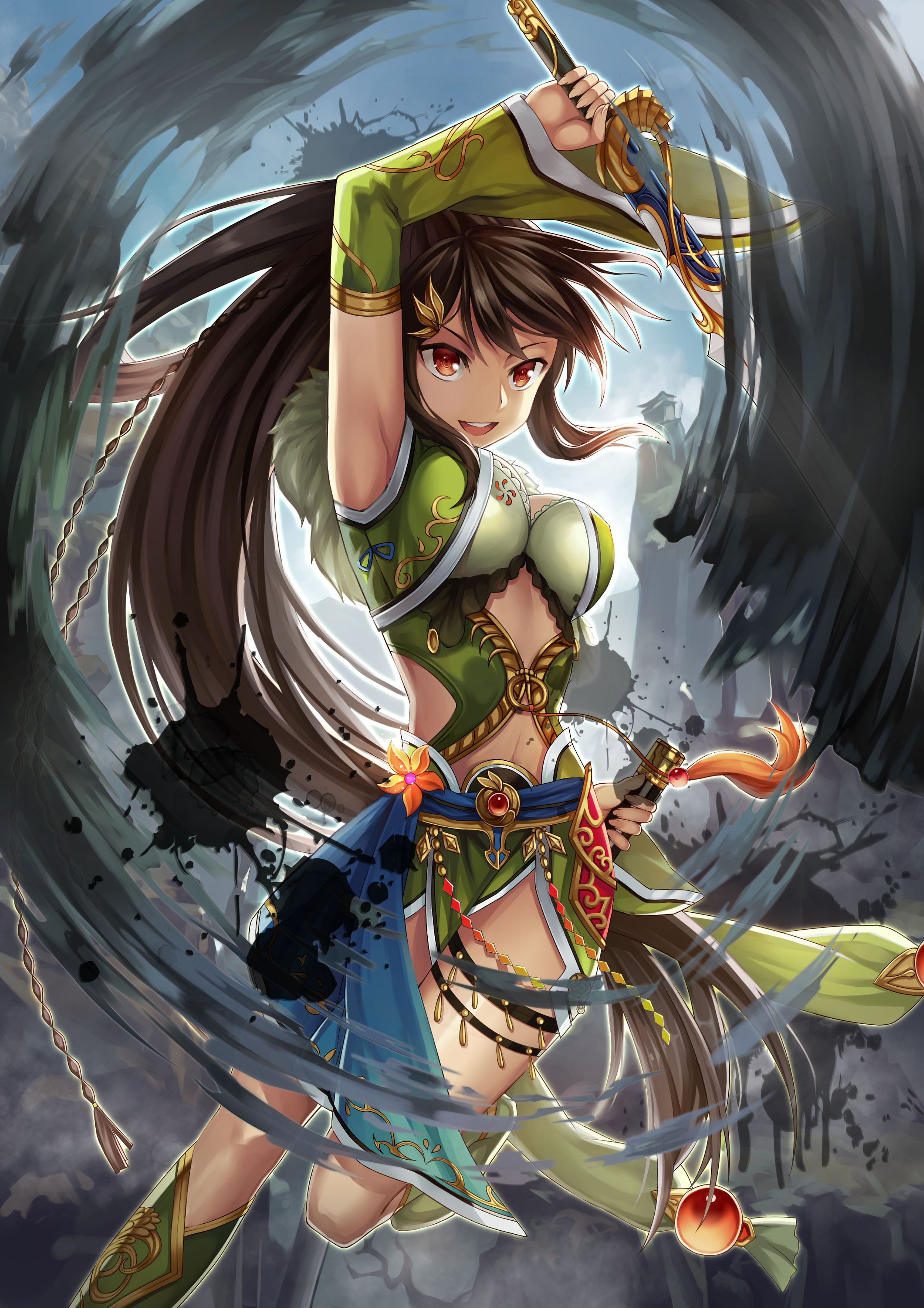 sword, anime girls, red eyes, long hair, knife, weapon, anime, original characters, 2K, Phone HD Wallpaper