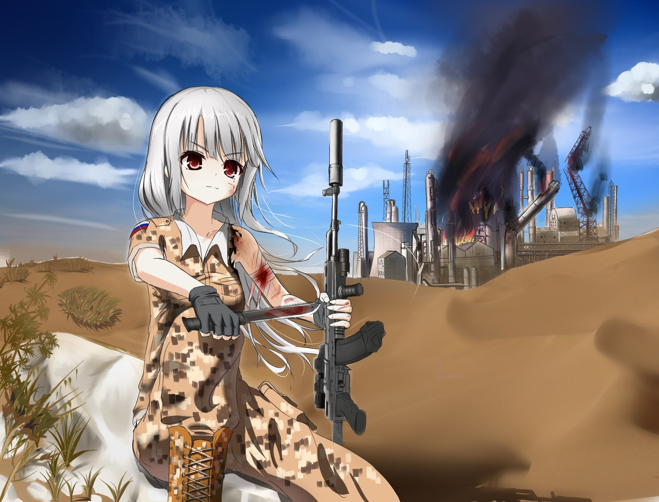 outdoors, gun, day, cloud - sky, real people, uniform, 1080P, land, blood, young adult, young women, sand, long hair, women, desert, anime, knife, technology, HD Wallpaper