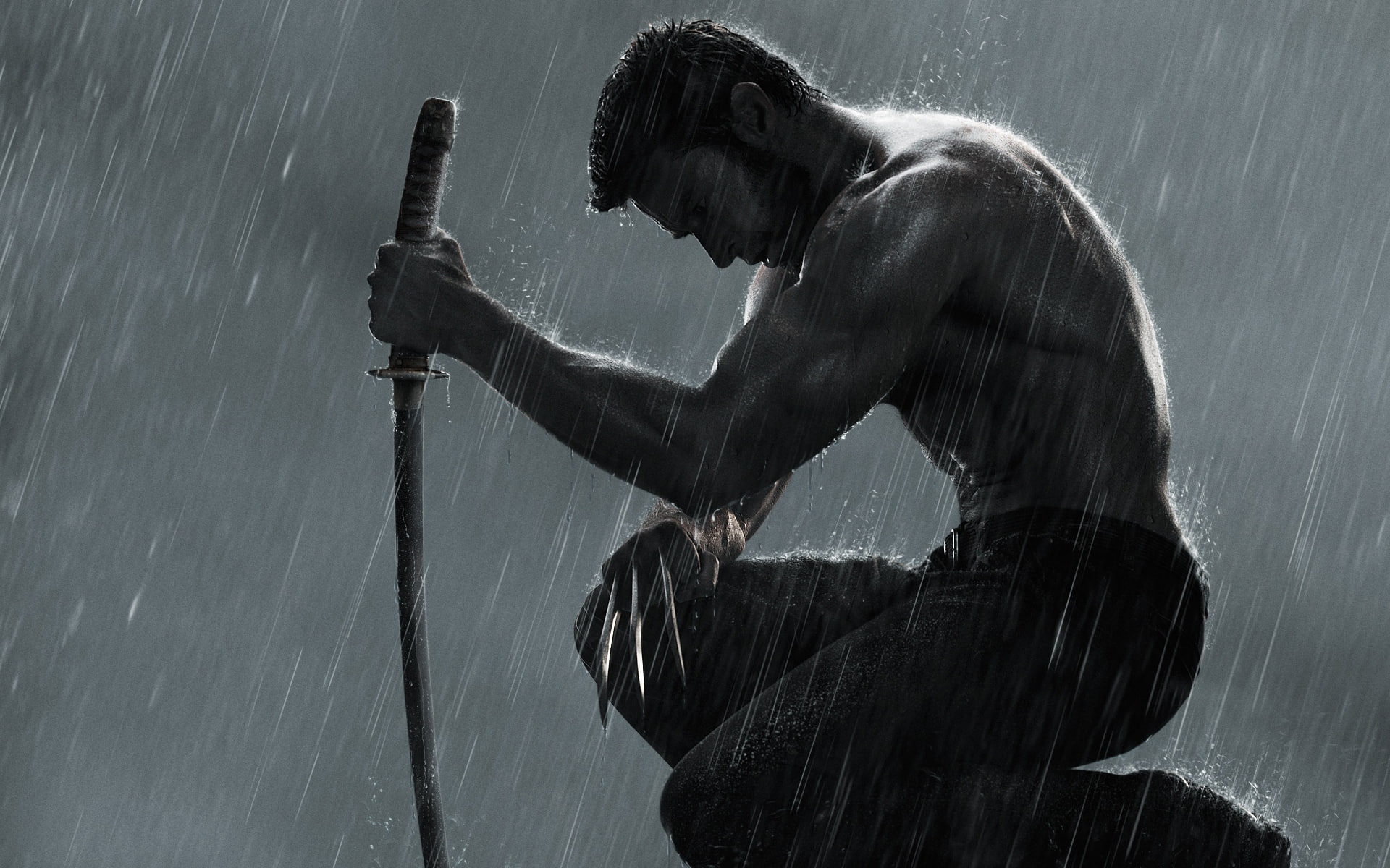 sword, movies, the wolverine, motion, muscle, waist up, emotion, crowe, hugh jackman, men, storm, sorrow, wet, 1080P, holding, mood, Sad, weapon, Dark, HD Wallpaper