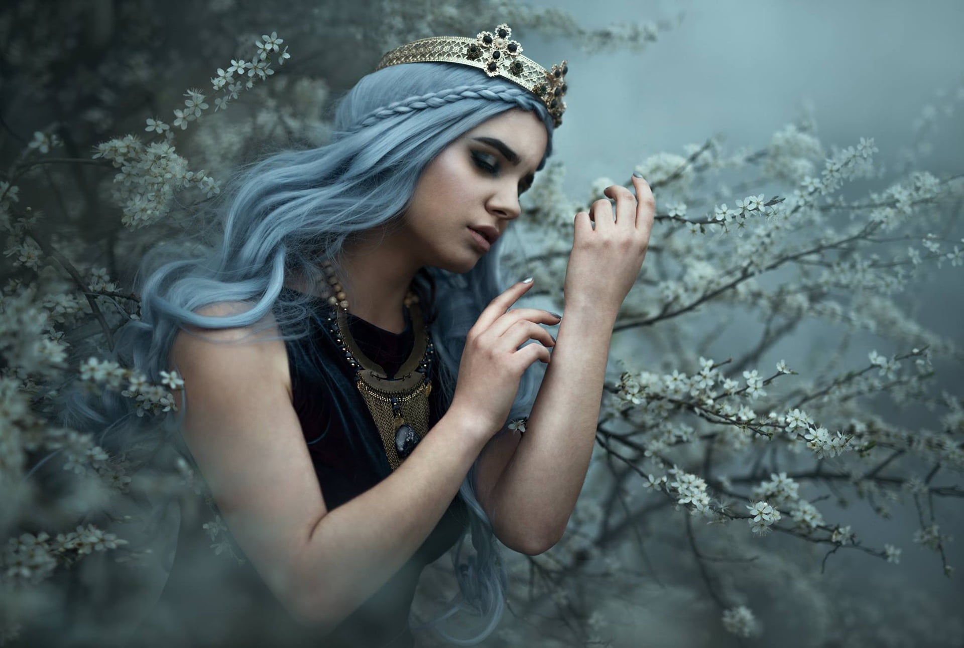 young adult, plant, crown, beautiful woman, beautiful people, adult, royalty, fashion, one person, contemplation, model, fantasy, dress, 1080P, queen - royal person, HD Wallpaper