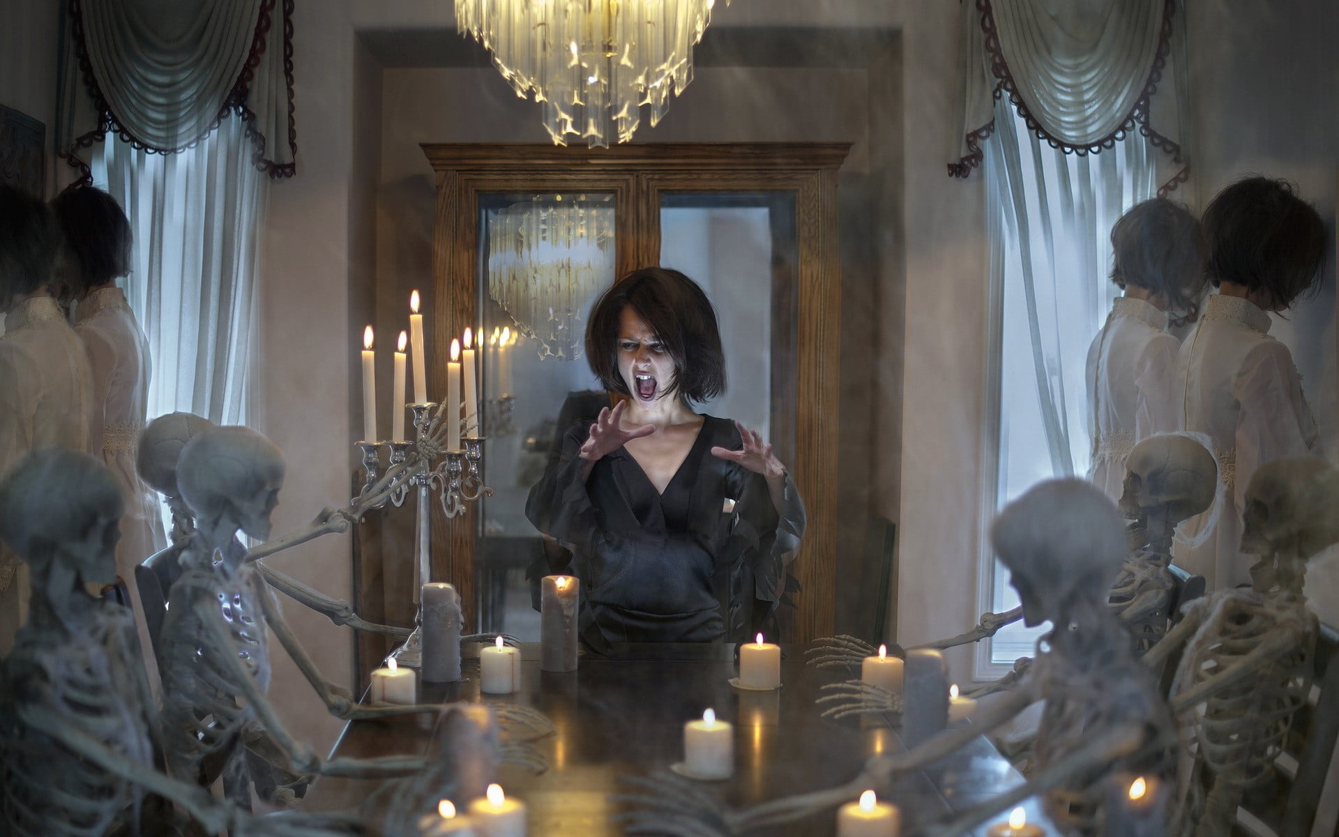 burning, glass, mirror, young women, real people, young adult, model, fantasy girl, lifestyles, leisure activity, holding, skull, candle, women, adult, HD Wallpaper
