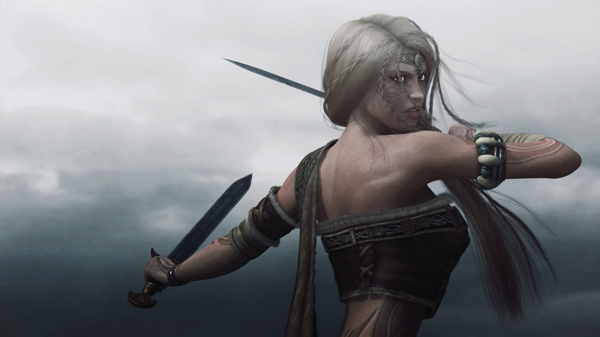 waist up, warrior - person, knife - weapon, character, 1080P, holding, one person, cloud - sky, digital, real people, weapon, tattoo, aggression, adult, HD Wallpaper
