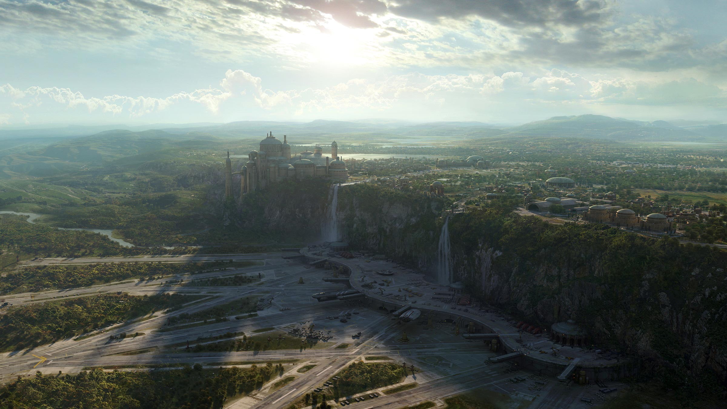Star Wars, street, Theed, shadow, horizon, plants, Theed Spaceport, fantasy art, digital art, Naboo, artwork, render, 1080P, HD Wallpaper