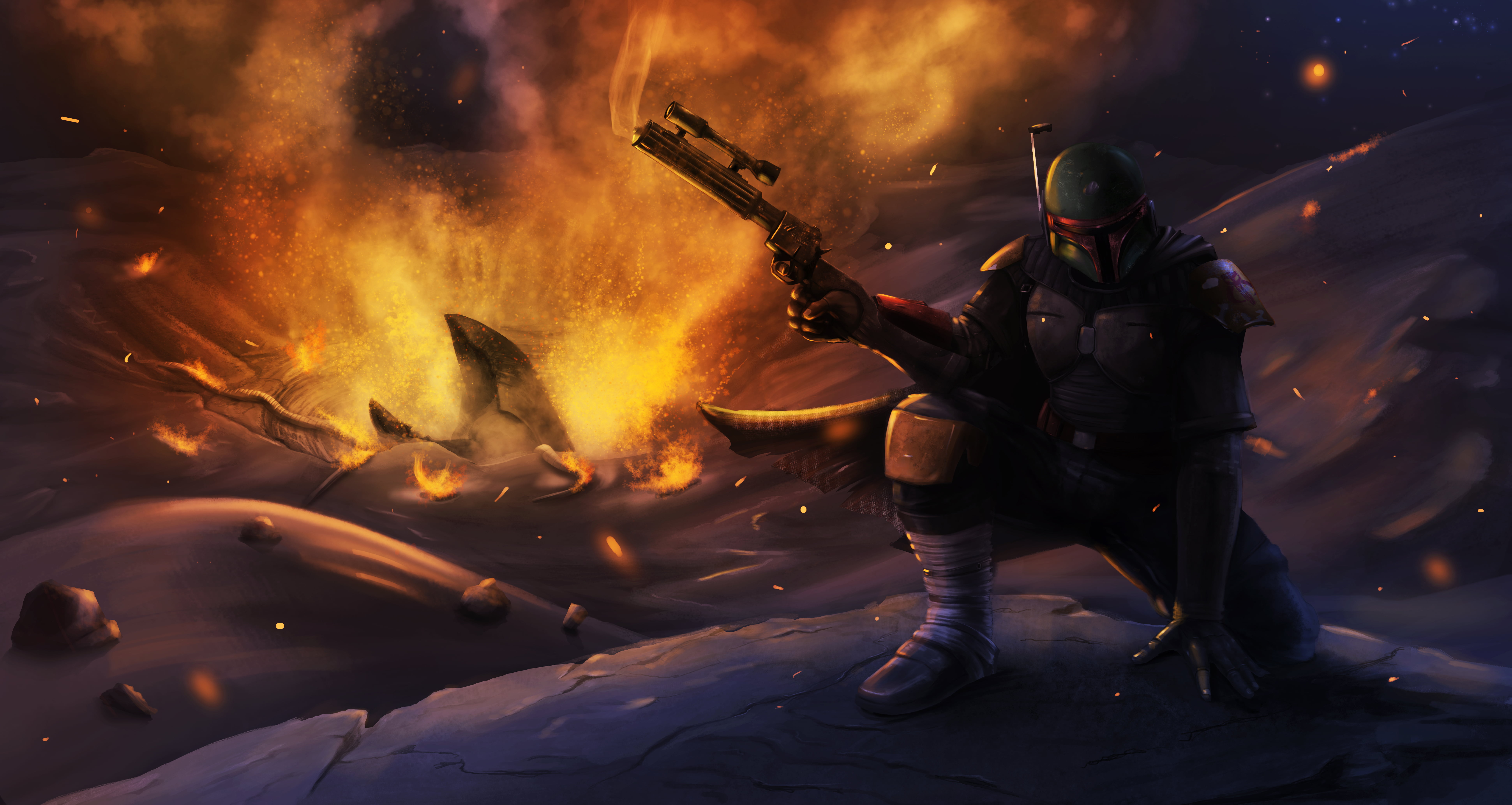 Mandalorian warrior, helmet, art, bounty hunter, Star Wars, boba fett, 8K, HD Wallpaper