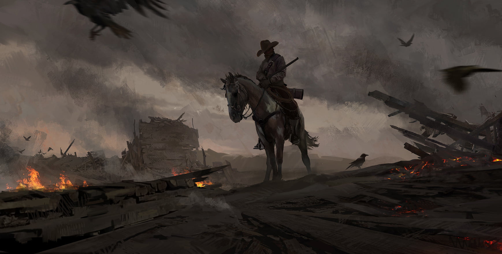 horse, bounty hunter, town, artwork, western, 720P, crow, cowboys, HD Wallpaper