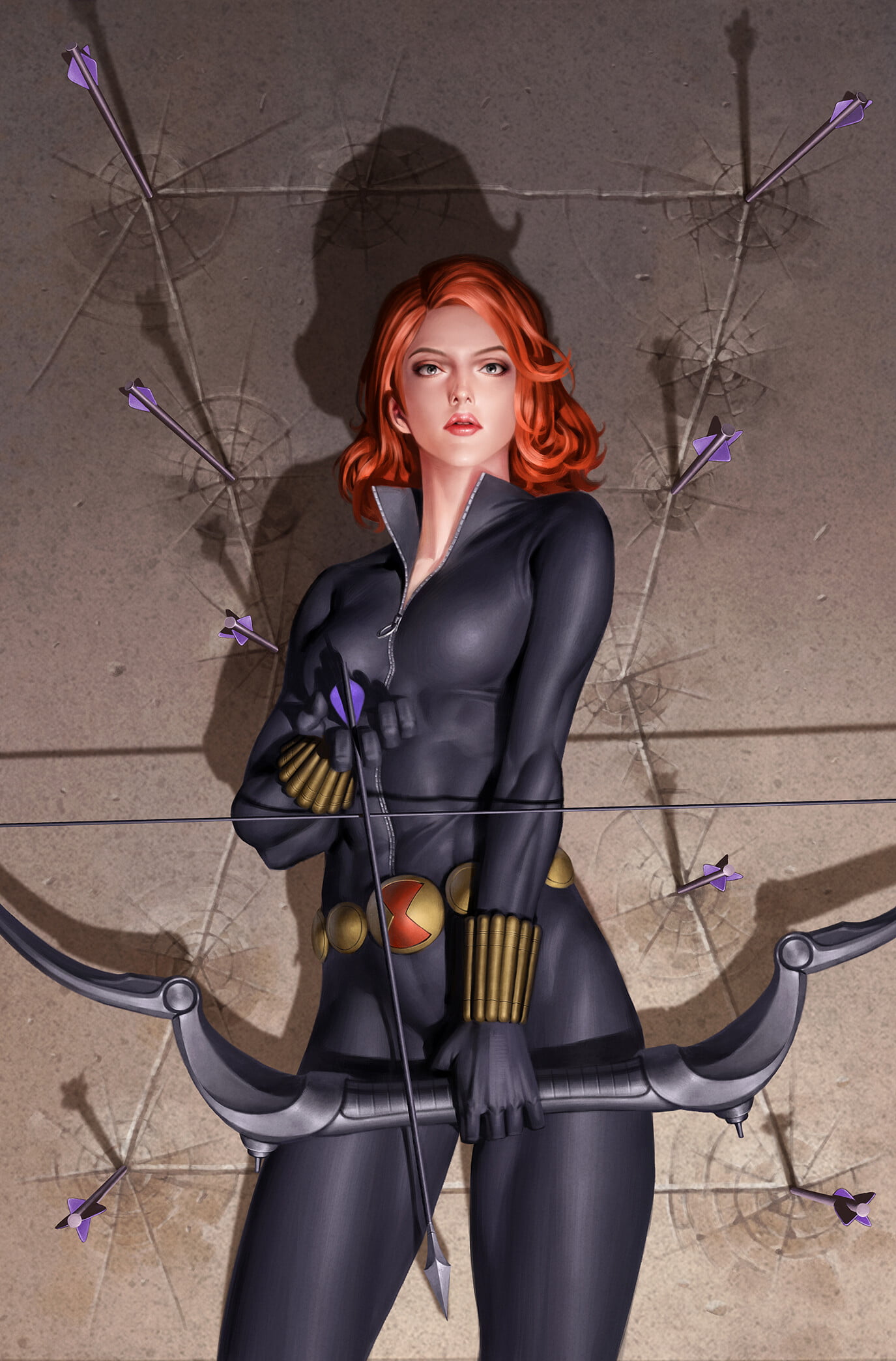 fan art, illustration, arrows, latex, artwork, Black Widow, gray eyes, latex bodysuit, bow, Black clothes, women, S.H.I.E.L.D., black clothing, 1080P, Phone HD Wallpaper