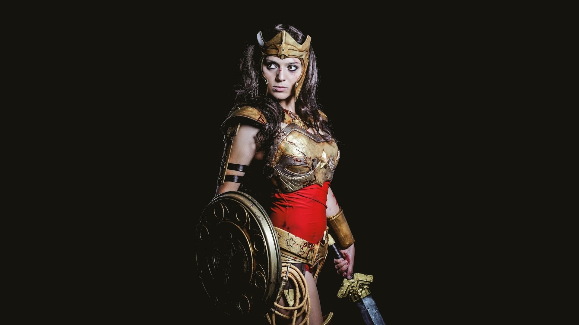 one person, hair, women, gold colored, portrait, black background, Wonder Woman, gold, beauty, three quarter length, sword, 1080P, adult, copy space, fashion, HD Wallpaper