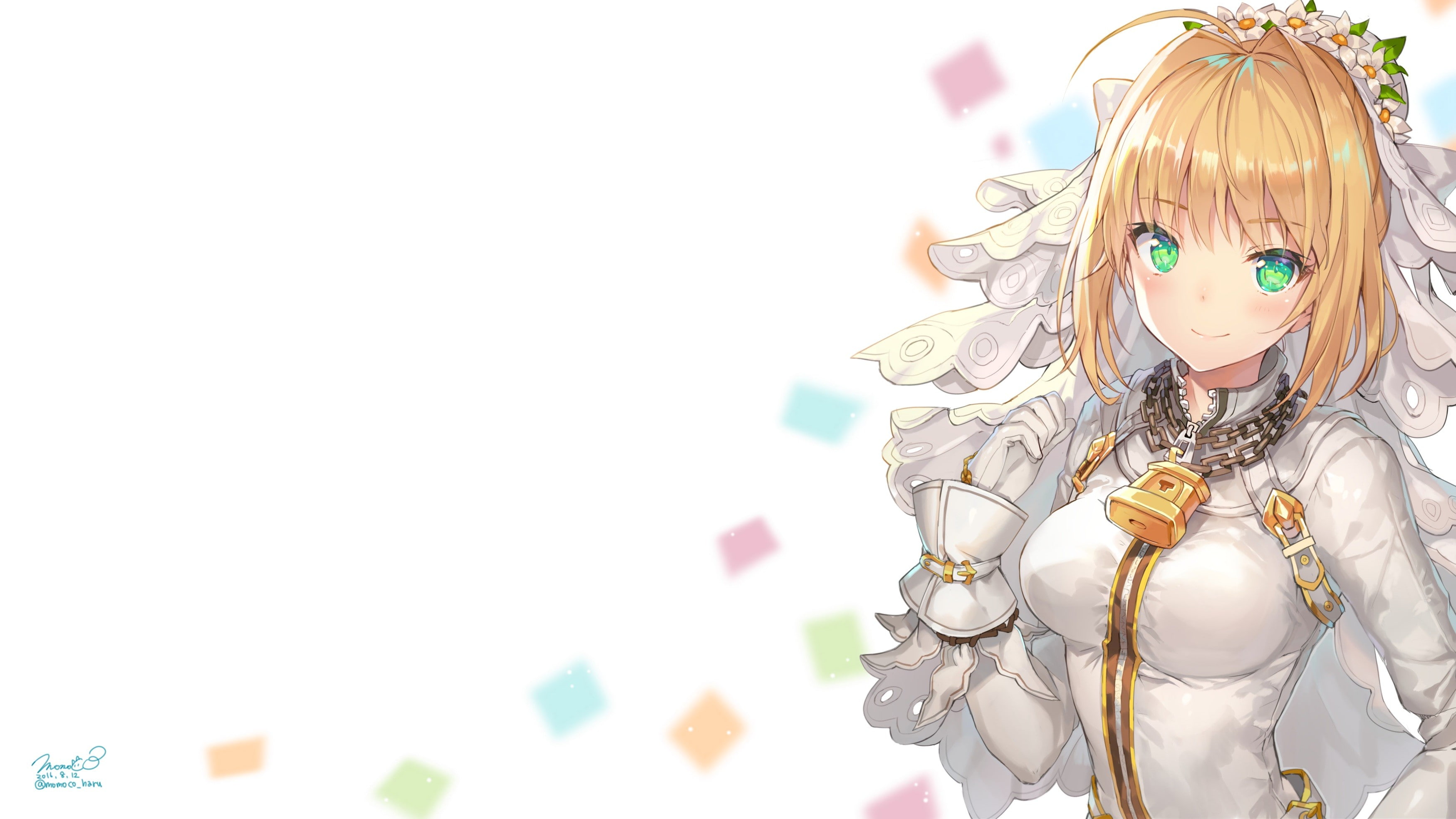 2K, gloves, green eyes, FateExtra, Saber Bride, headdress, tight clothing, blonde, bodysuit, white background, Fate Series, Saber, HD Wallpaper
