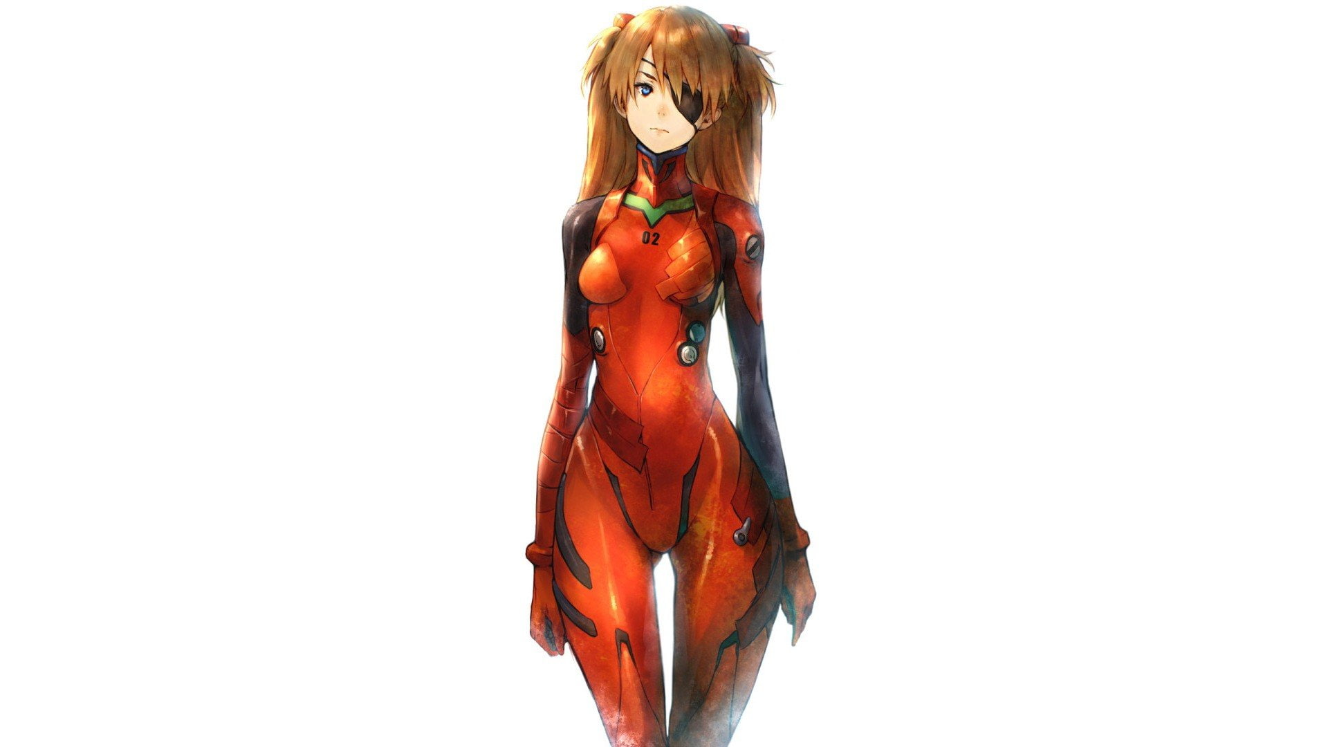 bangs, asuka, neon, girls, white, plugsuit, simple, langley, orange, 1080P, minimalistic, blue, genesis, eyepatch, anime, bodysuits, evangelion, hair, HD Wallpaper