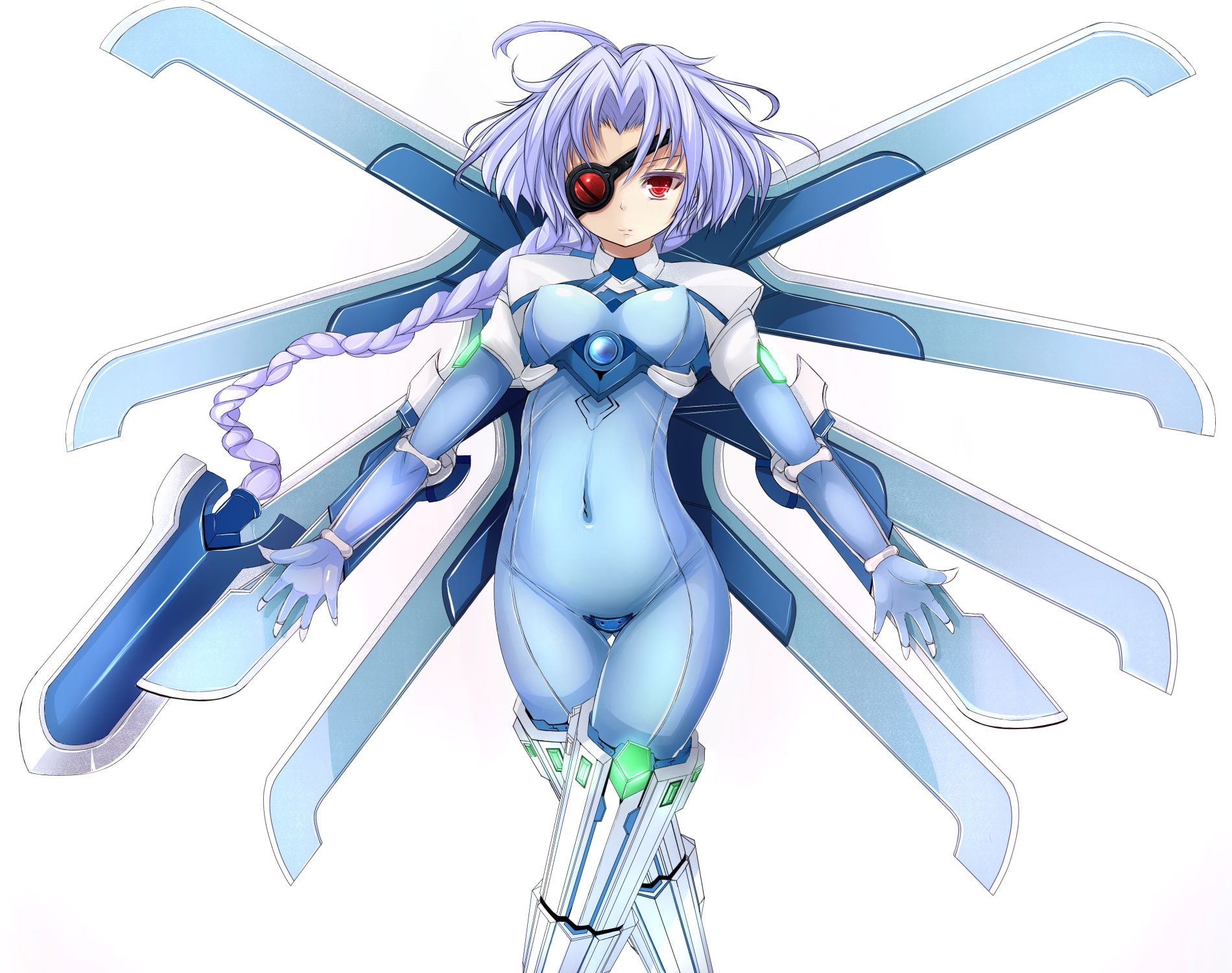 blazblue, wings, eyes, braids, 720P, hair, blue, red, long, white, nu 13, bodysuit, eyepatch, sukesan, HD Wallpaper
