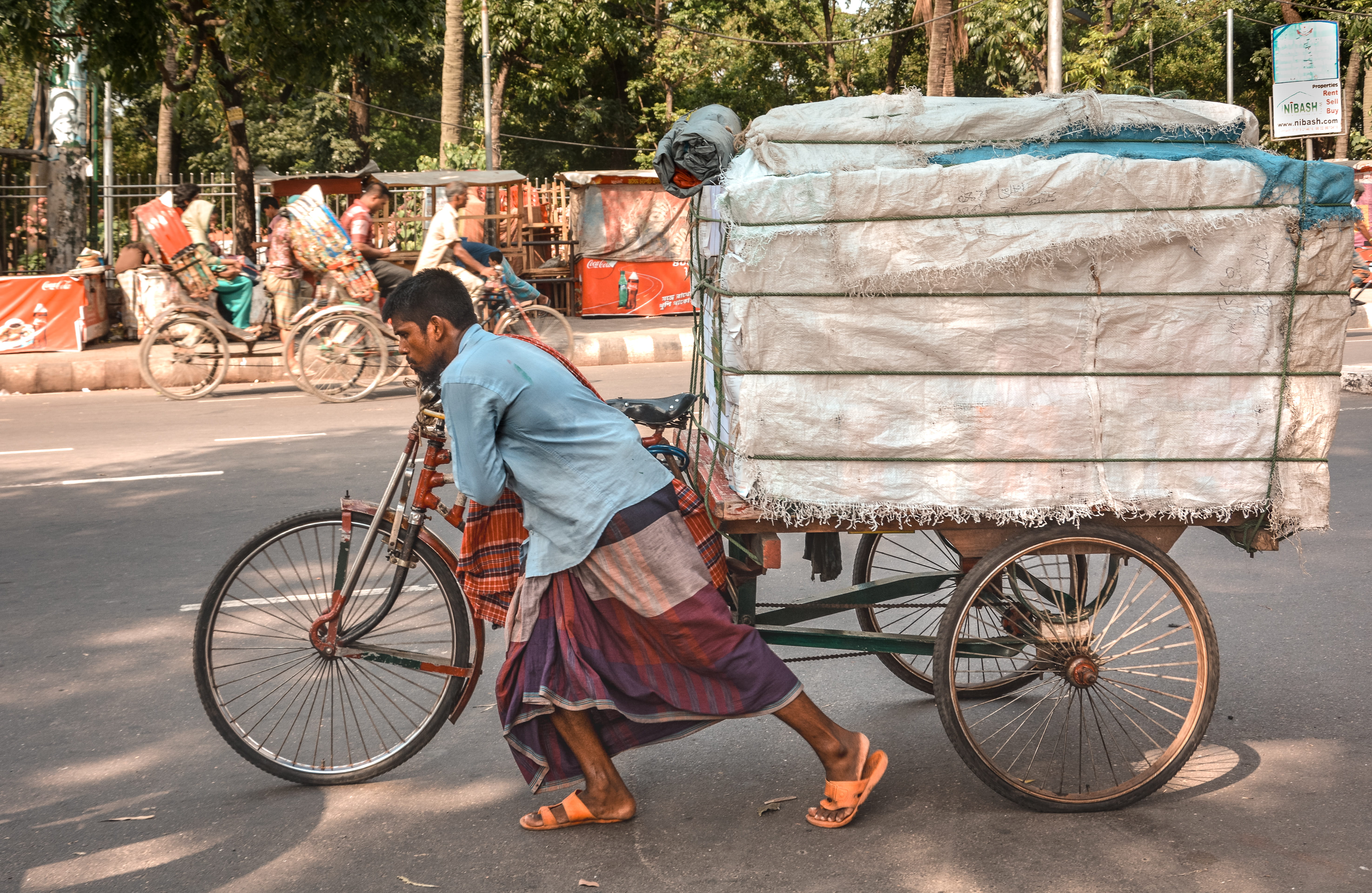 city, casual clothing, men, transportation, loaded, land vehicle, trike, full length, leisure activity, pushing, man, 5K, day, mode of transportation, HD Wallpaper