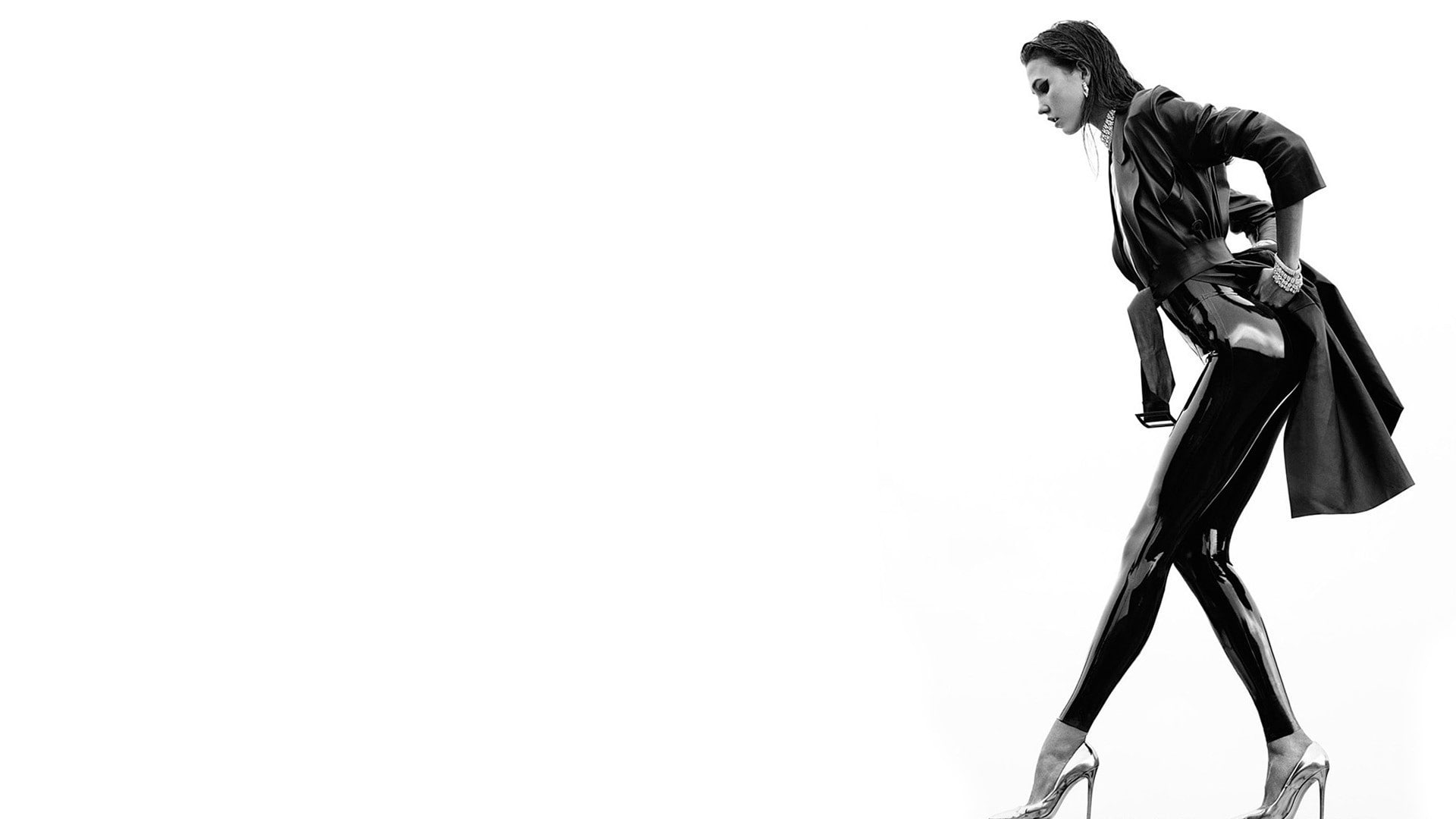 heels, latex, monochrome, 1080P, Karlie Kloss, Jacket, Tight Clothing, Bodysuit, HD Wallpaper