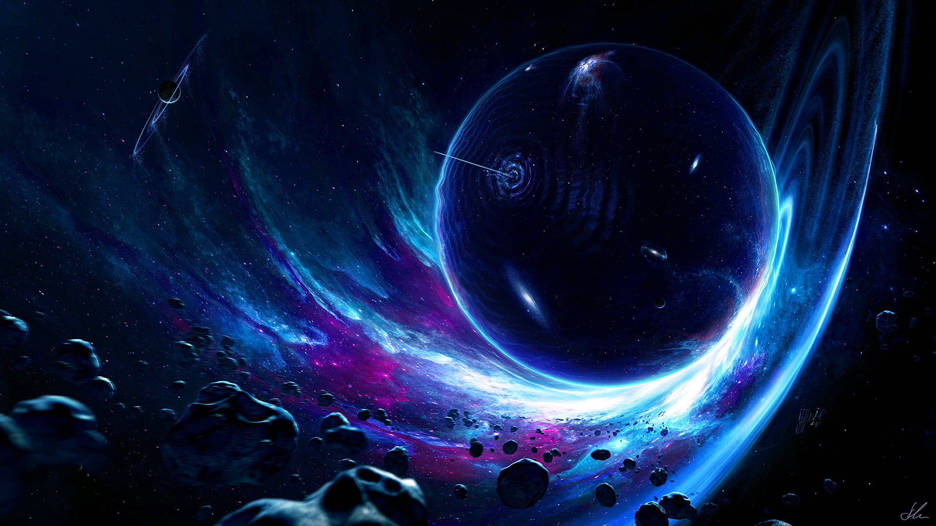 artwork, Erik Shoemaker, 1080P, digital art, stars, planet, asteroids, space art, HD Wallpaper