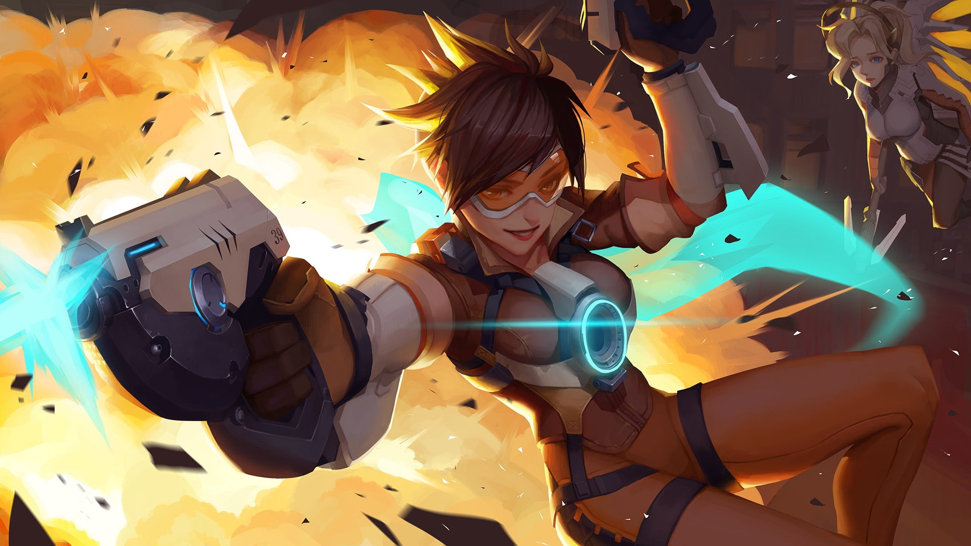 blonde, 1080P, Tracer (Overwatch), bodysuit, weapon, short hair, brunette, gun, Overwatch, Mercy (Overwatch), wings, HD Wallpaper
