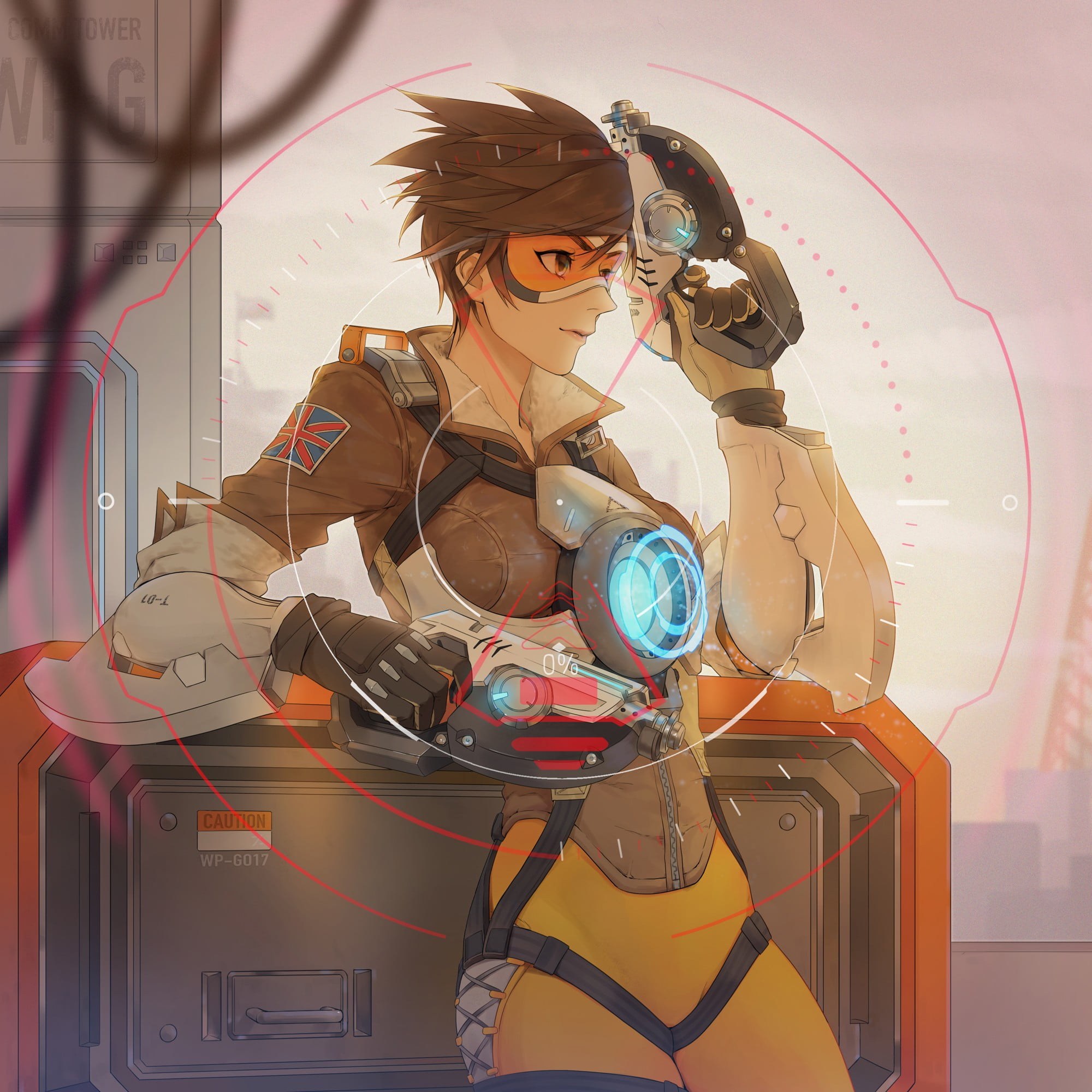 human representation, short hair, adult, creativity, mid adult, representation, digital composite, gun, indoors, Tracer (Overwatch), futuristic, front view, Phone HD Wallpaper