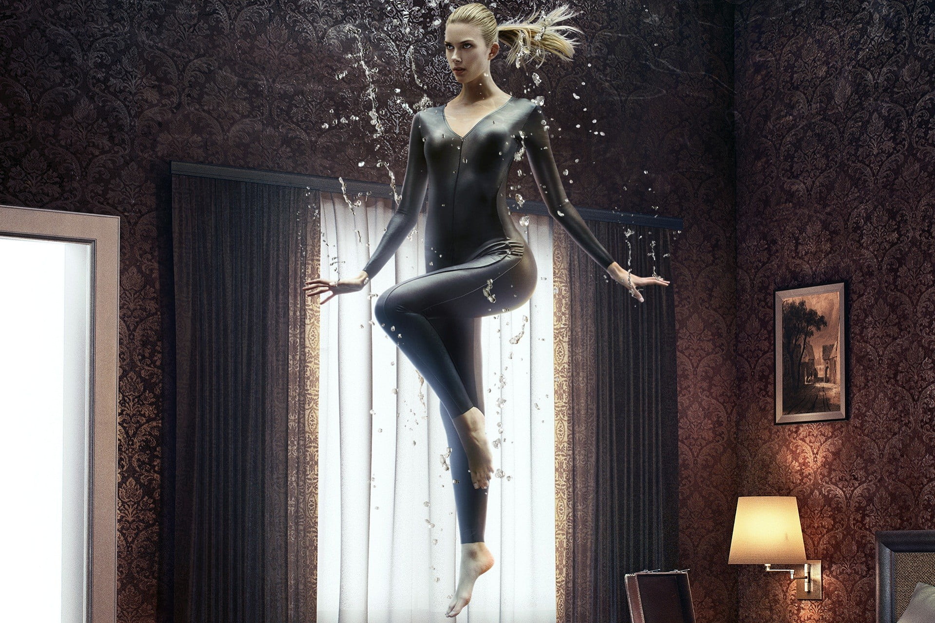 Emma Ishta, young adult, women, home interior, fashion, beautiful woman, full length, blonde, indoors, lingerie, young women, catsuit, adult, inside, window, HD Wallpaper